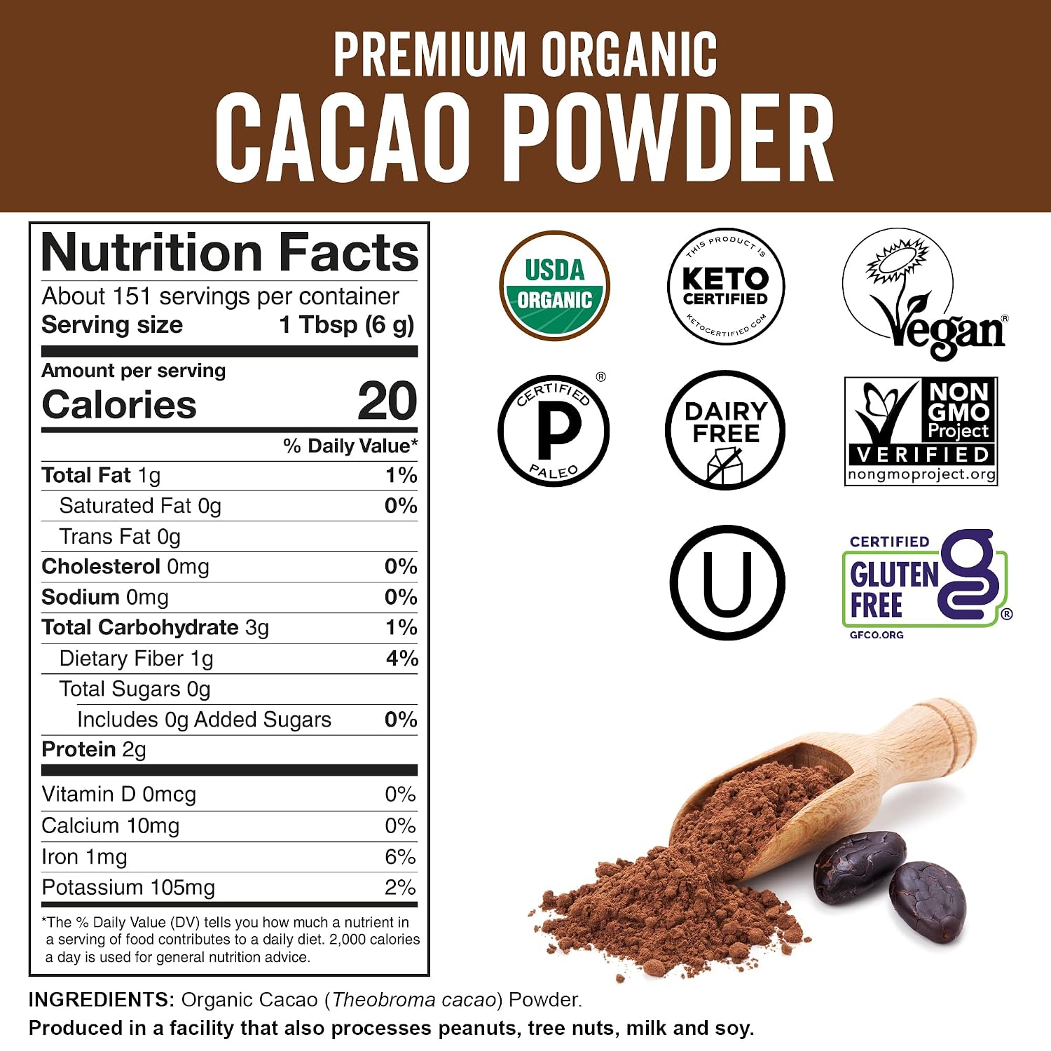 Organic Cacao Powder, Unsweetened, 1 lb (454 g) – Rich Dark Chocolate Flavor, Perfect for Baking, Smoothies & Hot Chocolate – Vegan, Keto, Paleo, Non-GMO & Gluten-Free Cocoa Powder
