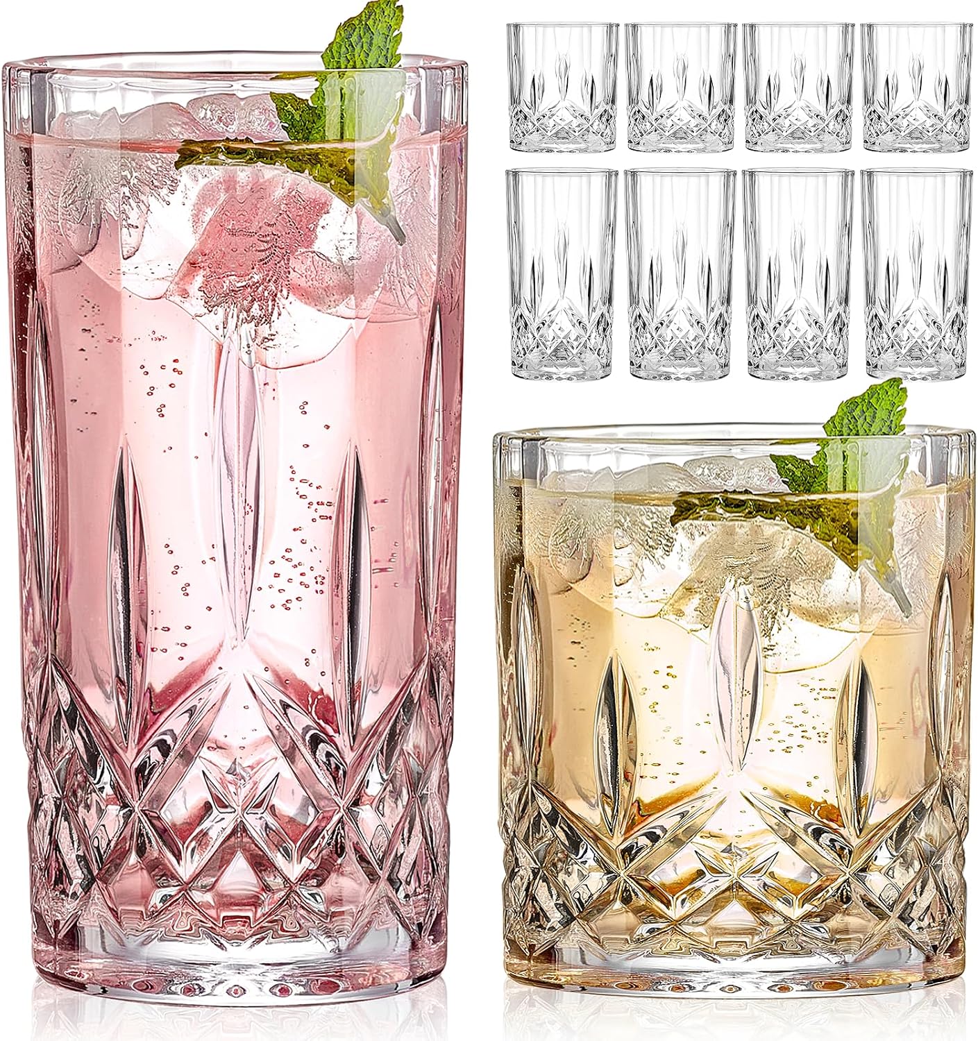 Qipecedm Drinking Glasses, 8 Piece Crystal Glass Cups, Mixed Glassware Set, 4 pcs Crystal Old Fashioned 11oz Highballs and 4 pcs 11oz Whiskey Glasses