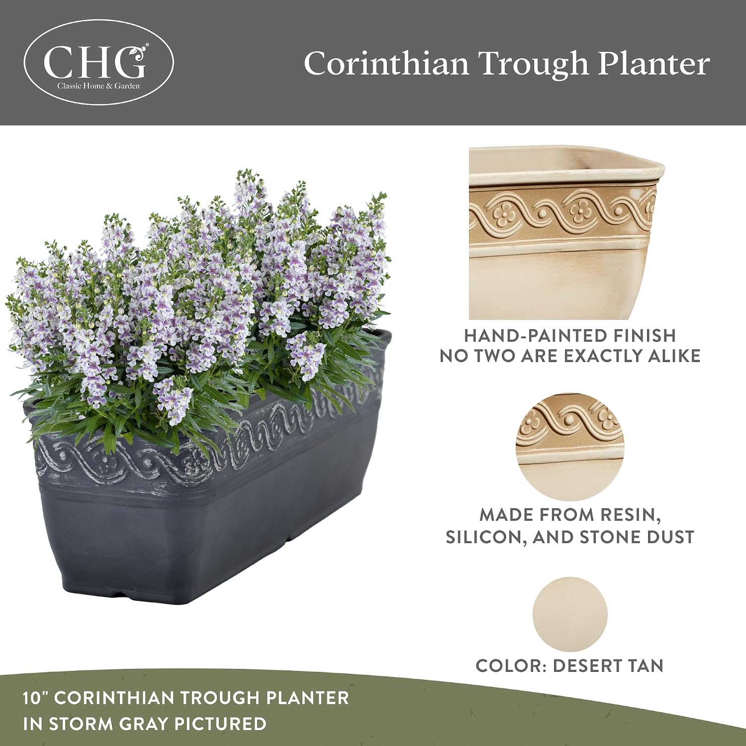 Corinthian Rectangular Planter Box w/Drain Plug, 10" Desert Tan