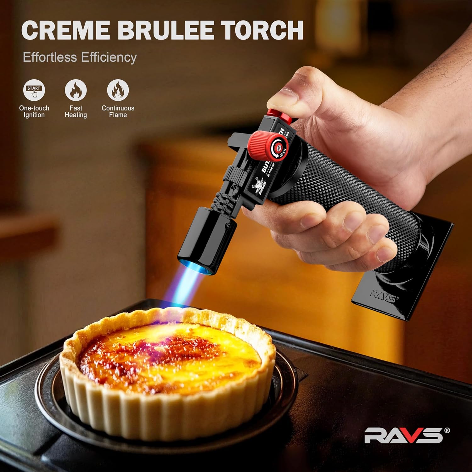 RAVS Butane Torch Lighter, Premium Metal Kitchen Torch with Adjustable Flame & Safety Buckle, Refillable Creme Brulee Torch for Baking, BBQ, DIY