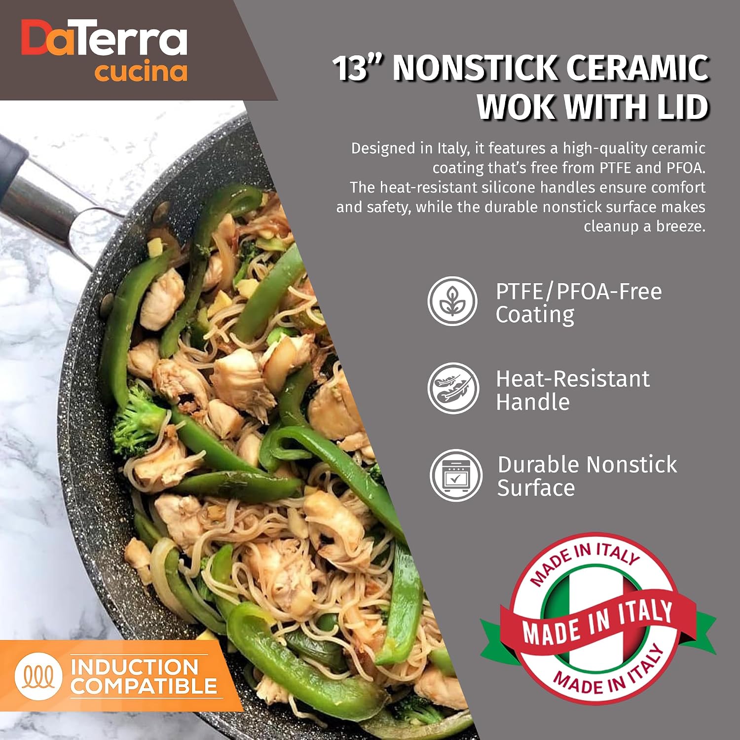 DaTerra Cucina - Nonstick Ceramic Wok with Lid - Oven & Induction Safe, 13"