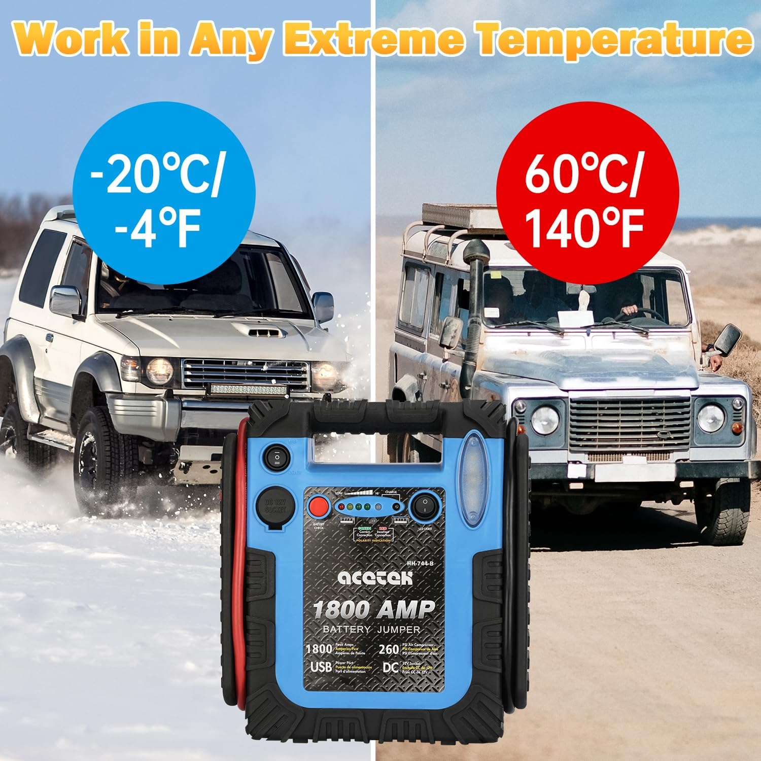1800 Amp Jump Starter with Air Compressor, acetek Car Battery Jump Starter 260 PSI Tire Inflator