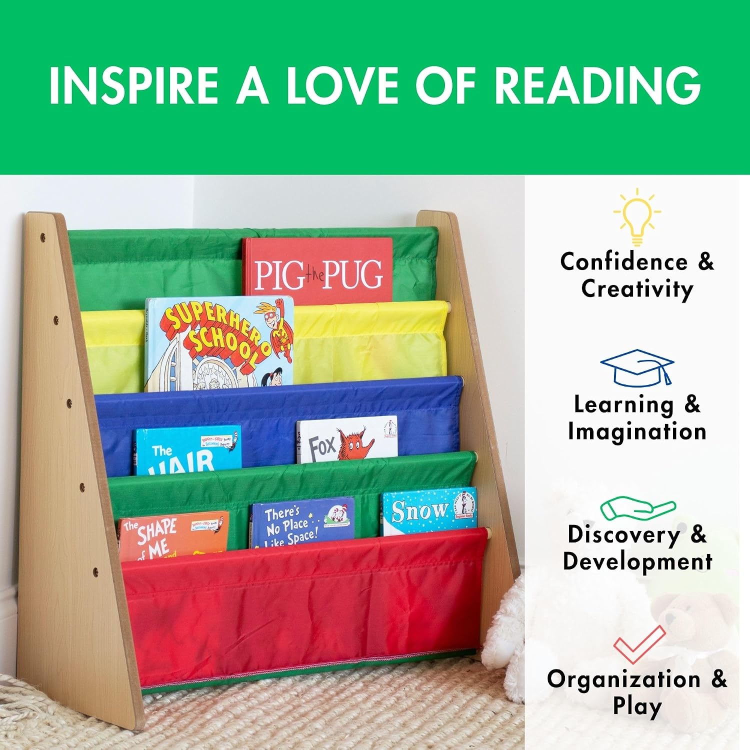Humble Crew Kids Bookshelf, Montessori Front Facing Toddler Bookcase 4 Tier | Book display rack and reading nook organizer, nylon pockets show covers face out, compact for any playroom or bedroom space