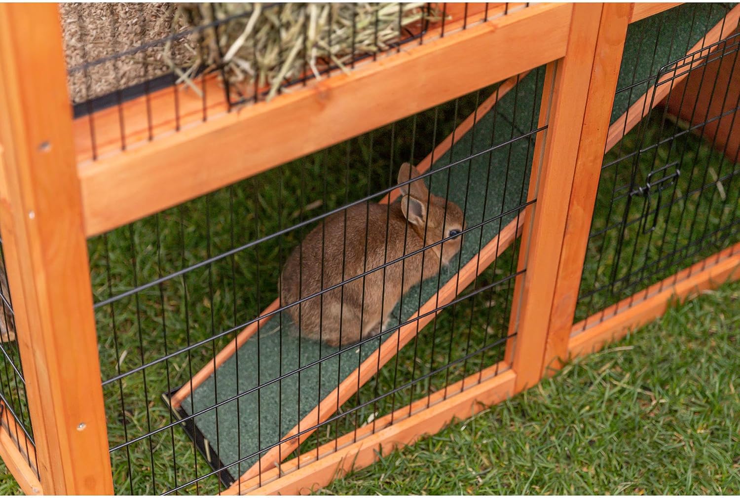 TRIXIE natura Outdoor Rabbit Hutch with Run - 2-Story Rabbit Cage with Non-Slip Ramp - Medium Elevated Small Animal House with Secure Playpen, Hinged Roof & Pull-Out Tray - in Brown