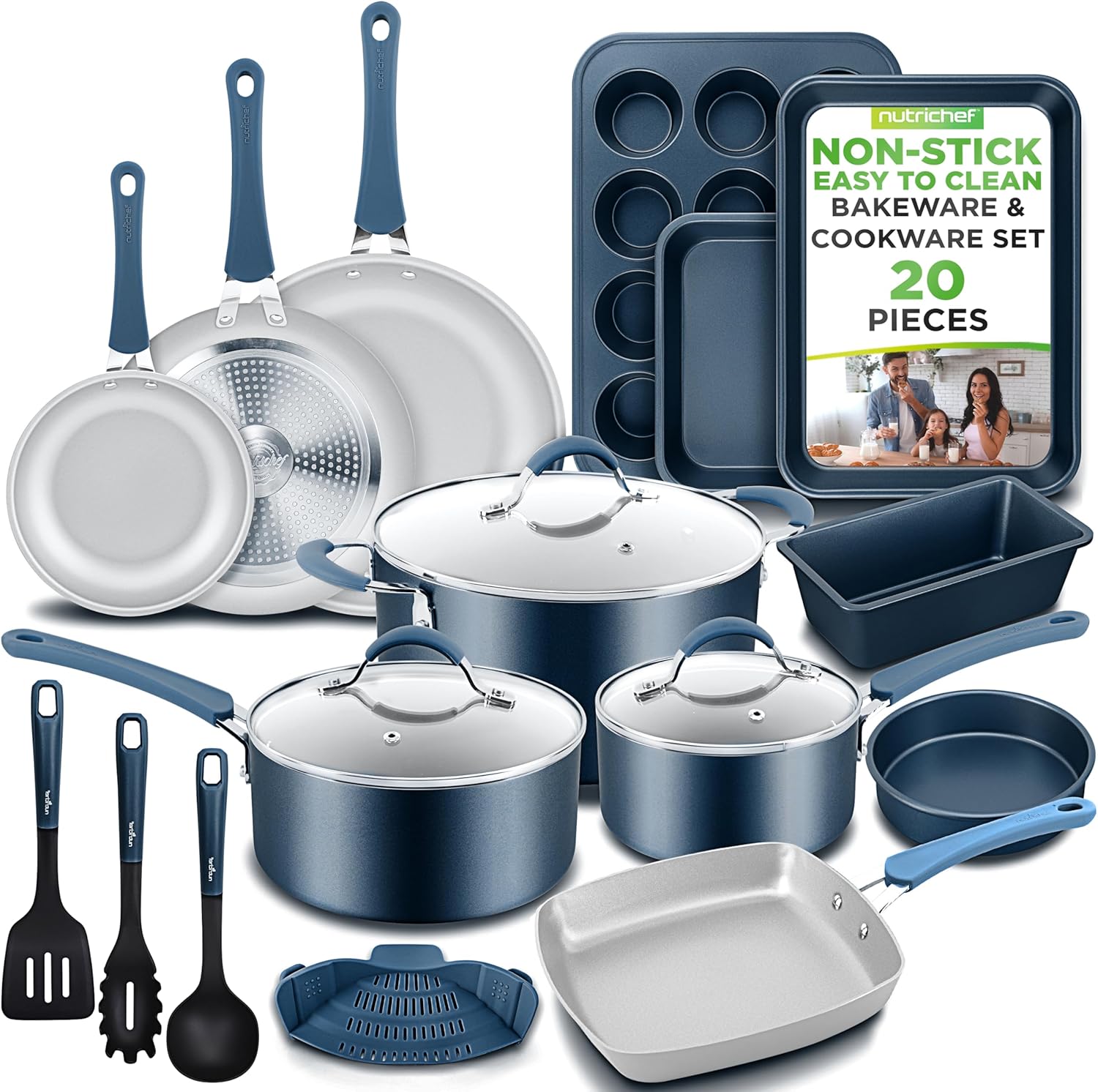 Nutrichef 20 Piece Professional Home Kitchen Cookware and Bakeware, Pots and Pans Set Non Stick Kitchenware, Cool-Touch Handles, Non Toxic
