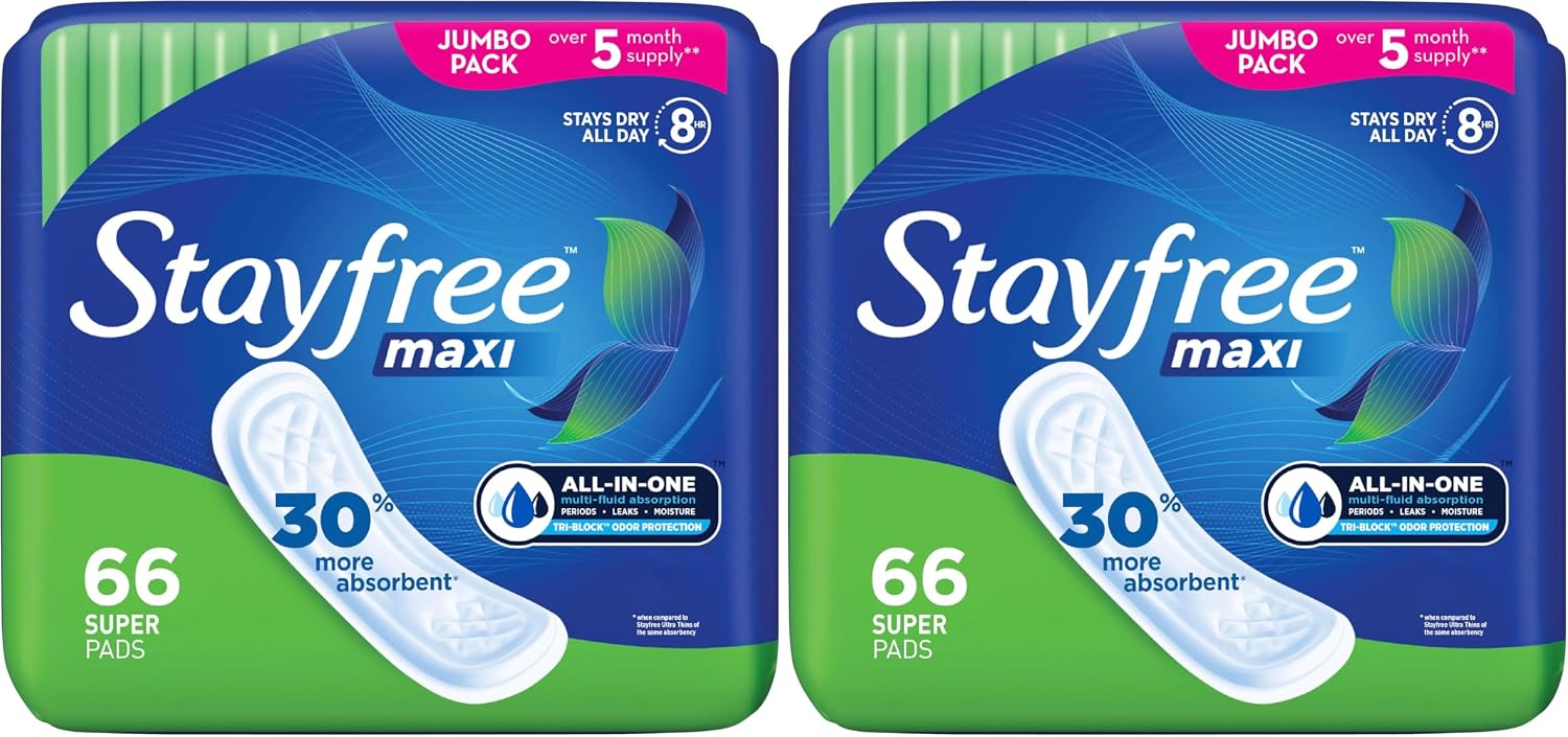 Stayfree Maxi Super Pads Wingless, Period and Leaks, 66 ct