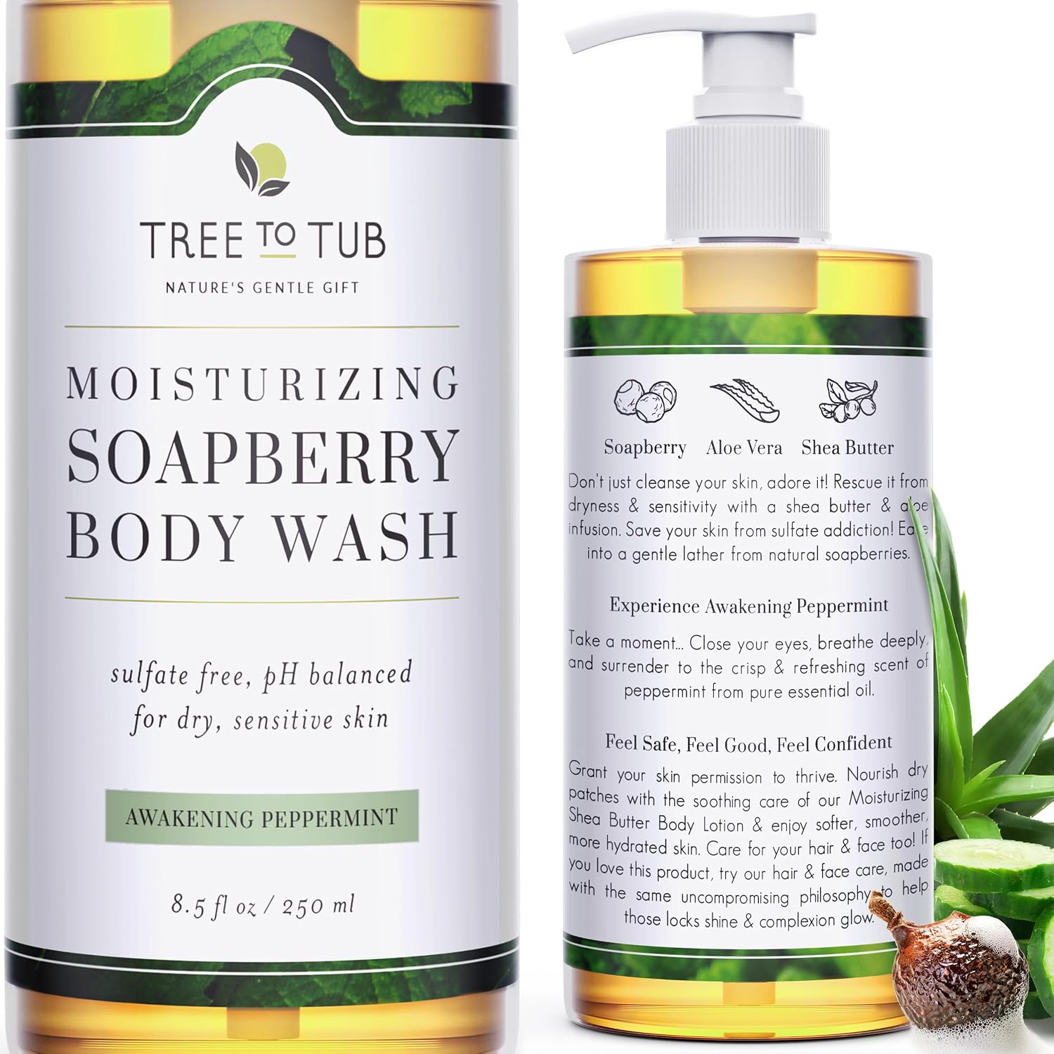 Tree To Tub Soapberry Body Wash for Dry, Sensitive Skin, pH 5.5, 8.5 Fl Oz | Sulfate & Paraben-Free, Rich Lather, Fragrance-Free, Shea Butter & Aloe Vera, Vegan & Cruelty-Free, Gentle for Daily Use