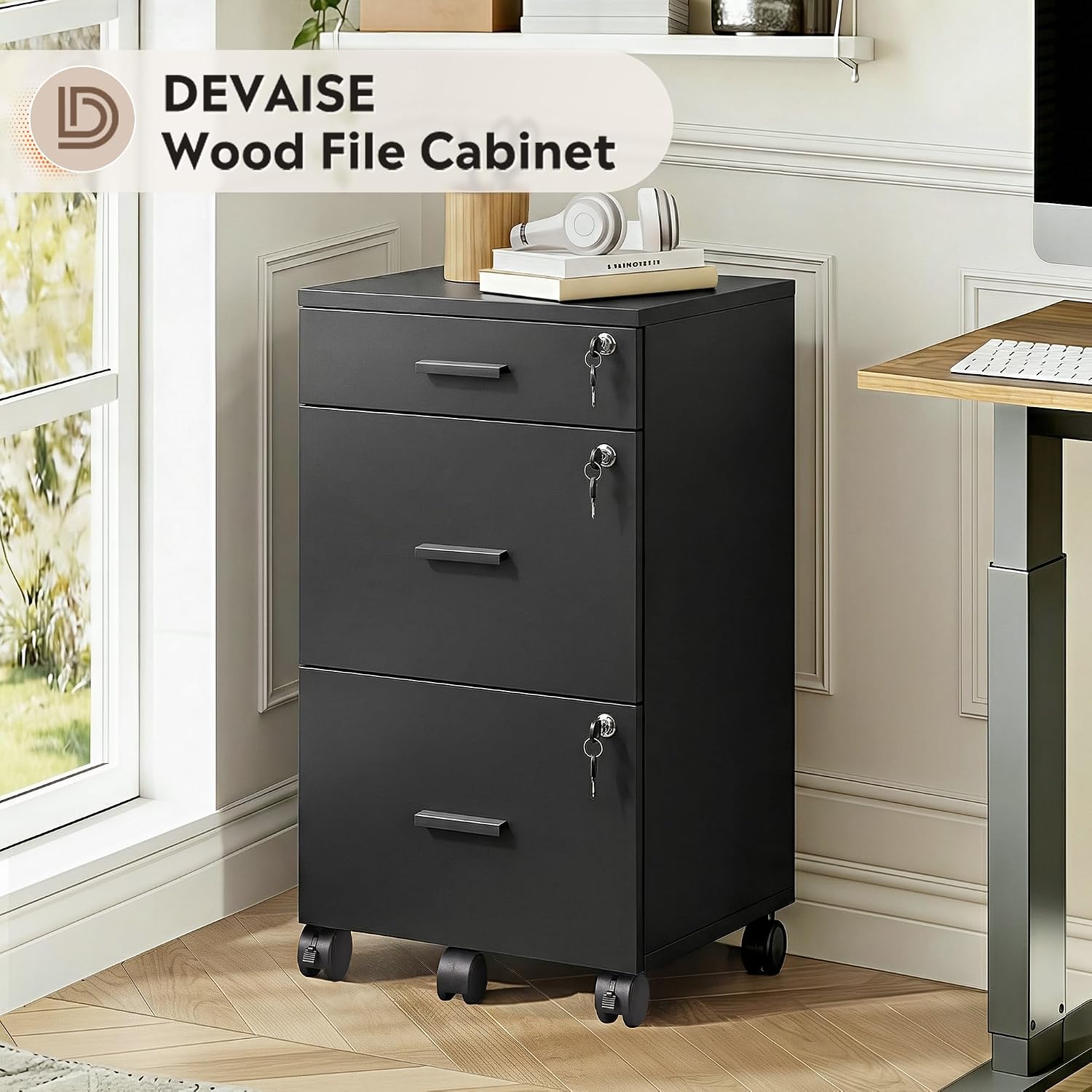 DEVAISE 3 Drawer File Cabinet with Lock & Wheels, Wood Printer Stand | Mobile Filing Cabinet Fits Letter/A4 Size; Rustic Brown Wood Printer Stand Keeps Home Office Files Secure And Organized