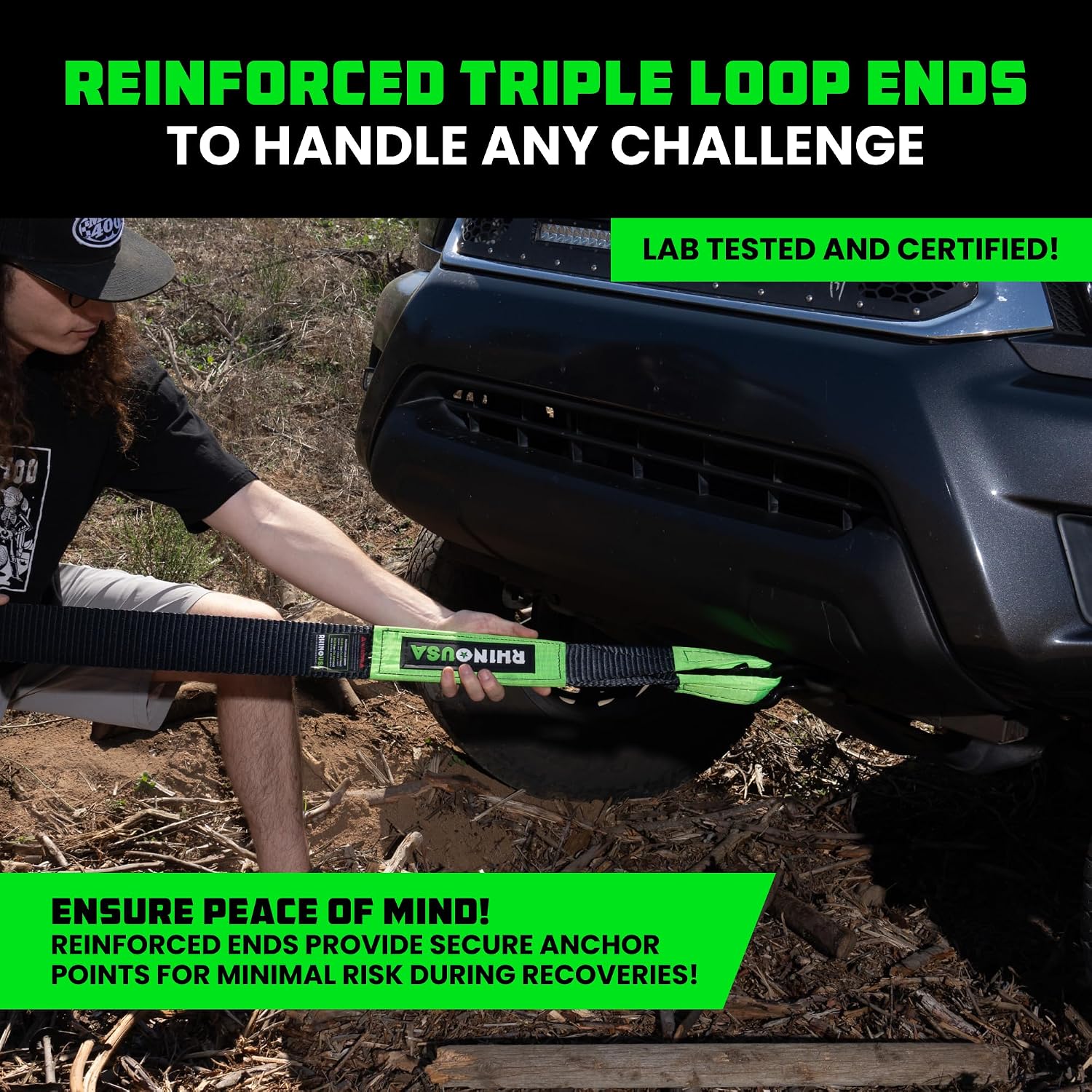 Rhino USA Recovery Tow Strap (3in x 30ft) - 31,518lb Heavy Duty Towing | 31,518lb Break Strength Emergency Tow Strap, Extended 30ft Length. For Truck, UTV, ATV & Jeep Offroad Recovery. Black