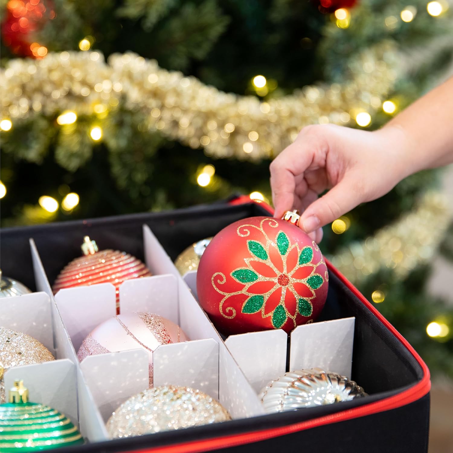 Christmas Ornament Storage Container with Dividers - Box Stores Up to 54 Ornaments, Zippered, Convenient, Adjustable