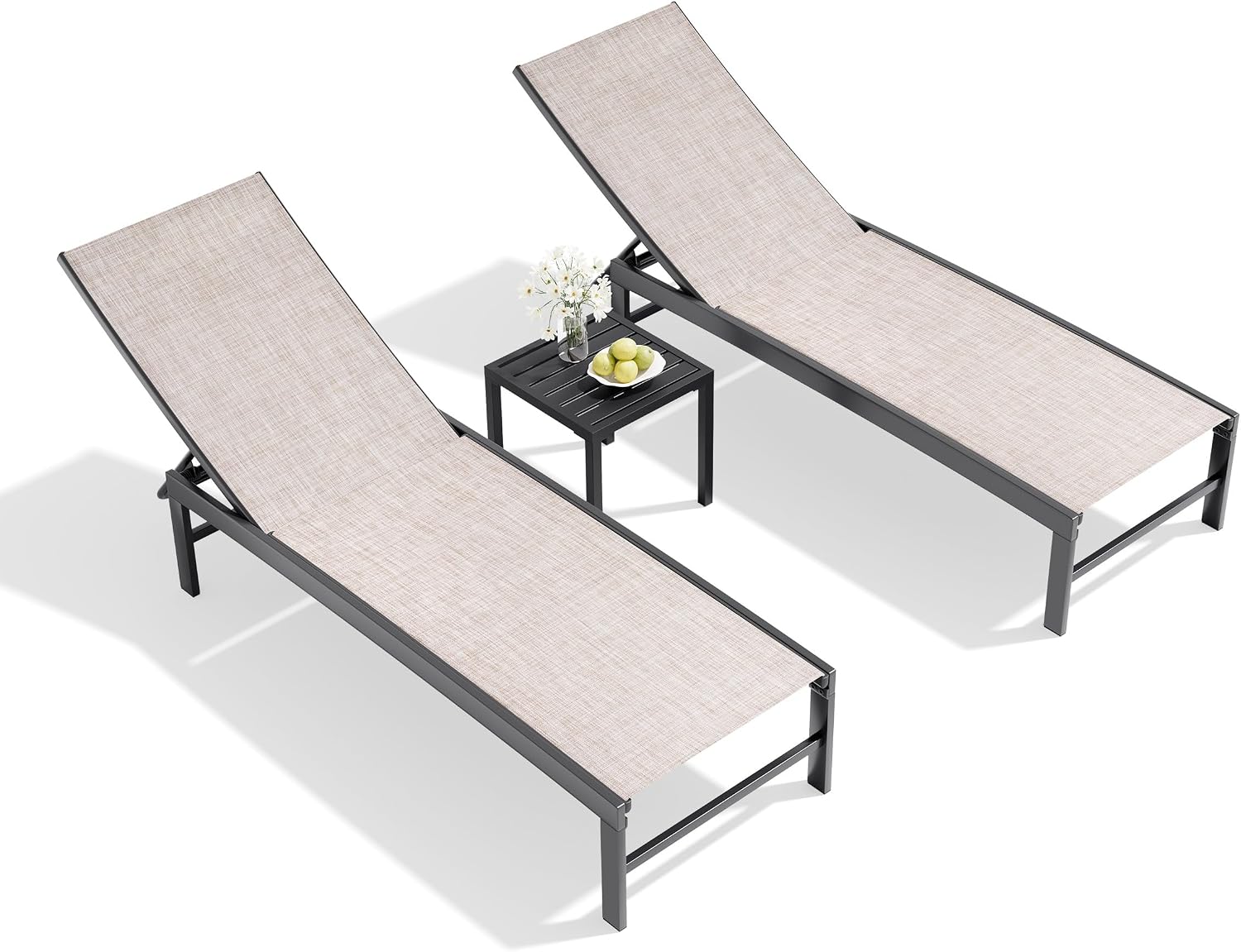 Crestlive Products Outdoor Pool Lounge Chairs Set of 2 with Side Table, Adjustable Five-Position Recliner for Beach, Pool, Sunbathing, Lawn