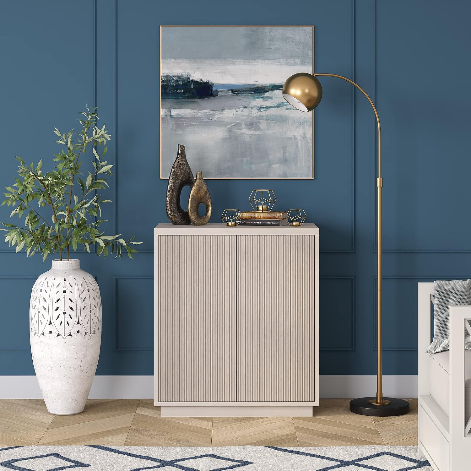 Henn&Hart 28" Fluted Accent Cabinet, Sideboard Buffet, Beech White | Ribbed doors and clean lines create modern charm, with hidden storage