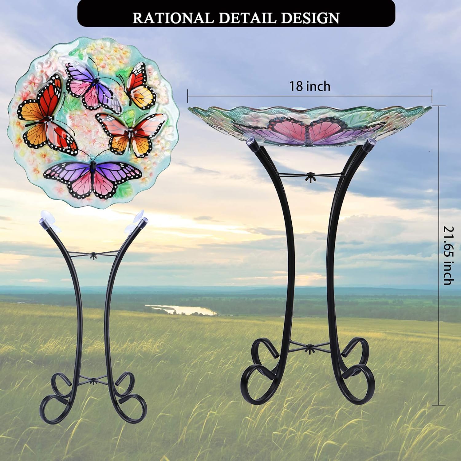 VCUTEKA Glass Bird Bath Outdoor with Metal Stand, Bird Feeder Garden Decor