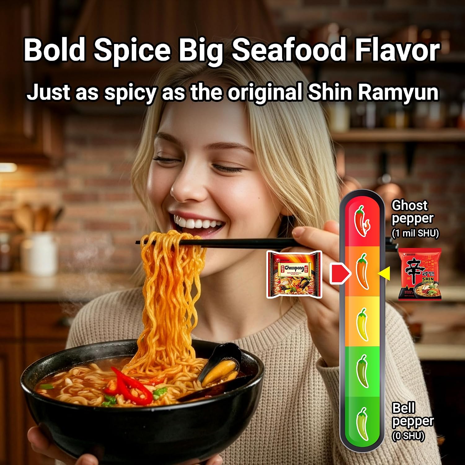 Nongshim Champong Noodle Soup, Smoky Spicy Seafood Korean Ramen, 4 Pack | Spicy seafood instant ramen with cuttlefish, mussel, scallop