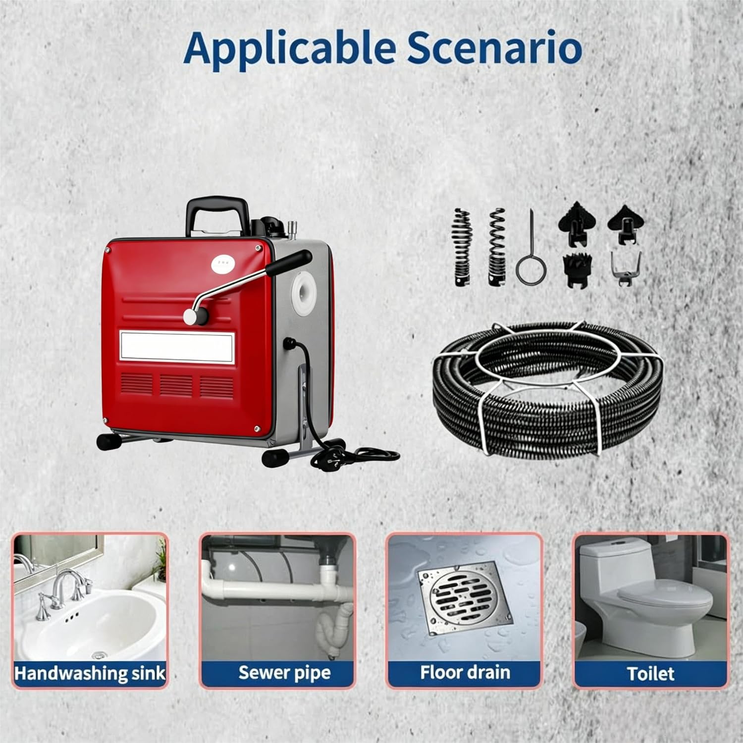 Drain Cleaner Machine, 90Ft Electric Drain Drill (74 'x 5/8 "and 16' x 3/8"), 400W 3-wire electric, portable design, comes with 6 knife heads