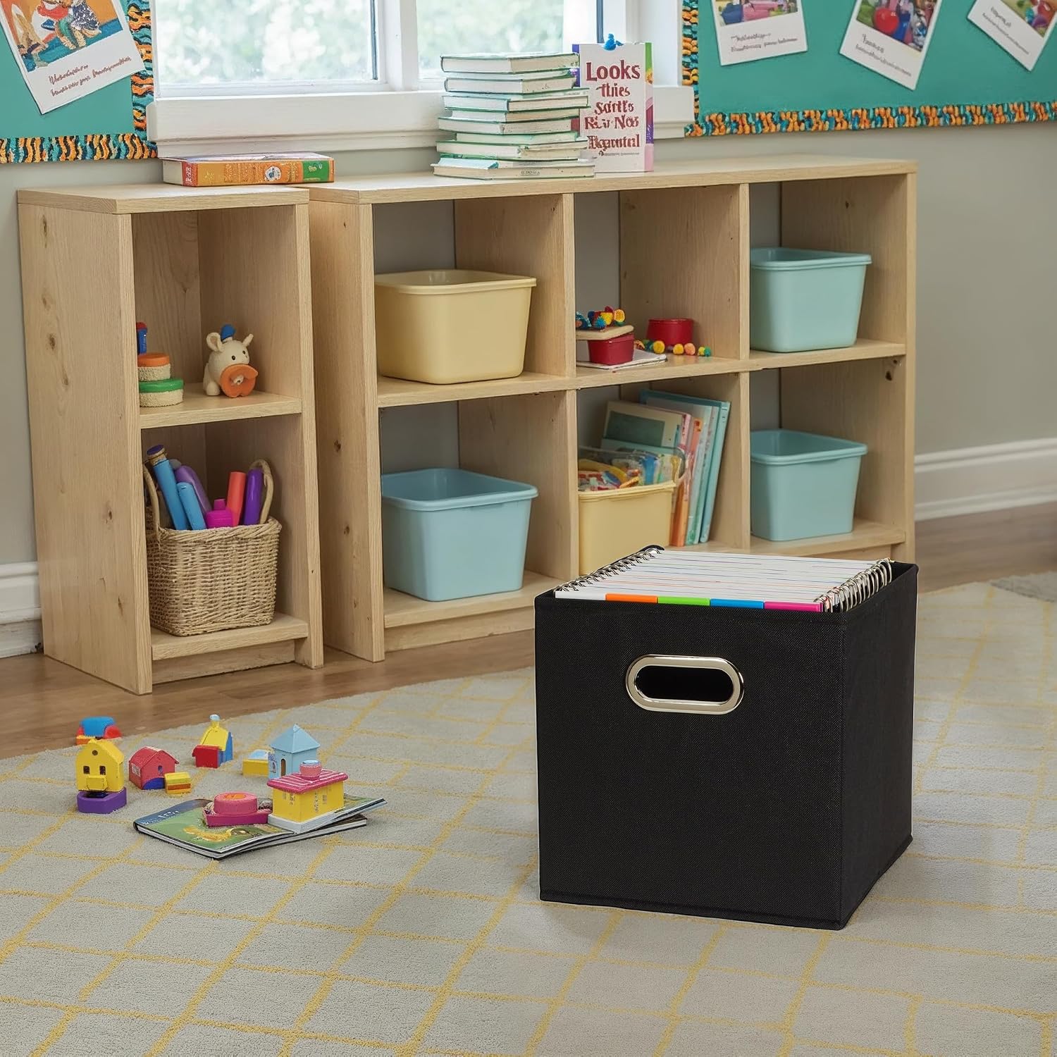 Household Essentials Fabric Storage Bins 6 Piece Set, Strong Poly-Woven Fabric, Sturdy Chipboard Sides, Grommet Front Handle, Stackable and Foldable, Classic Design, Navy