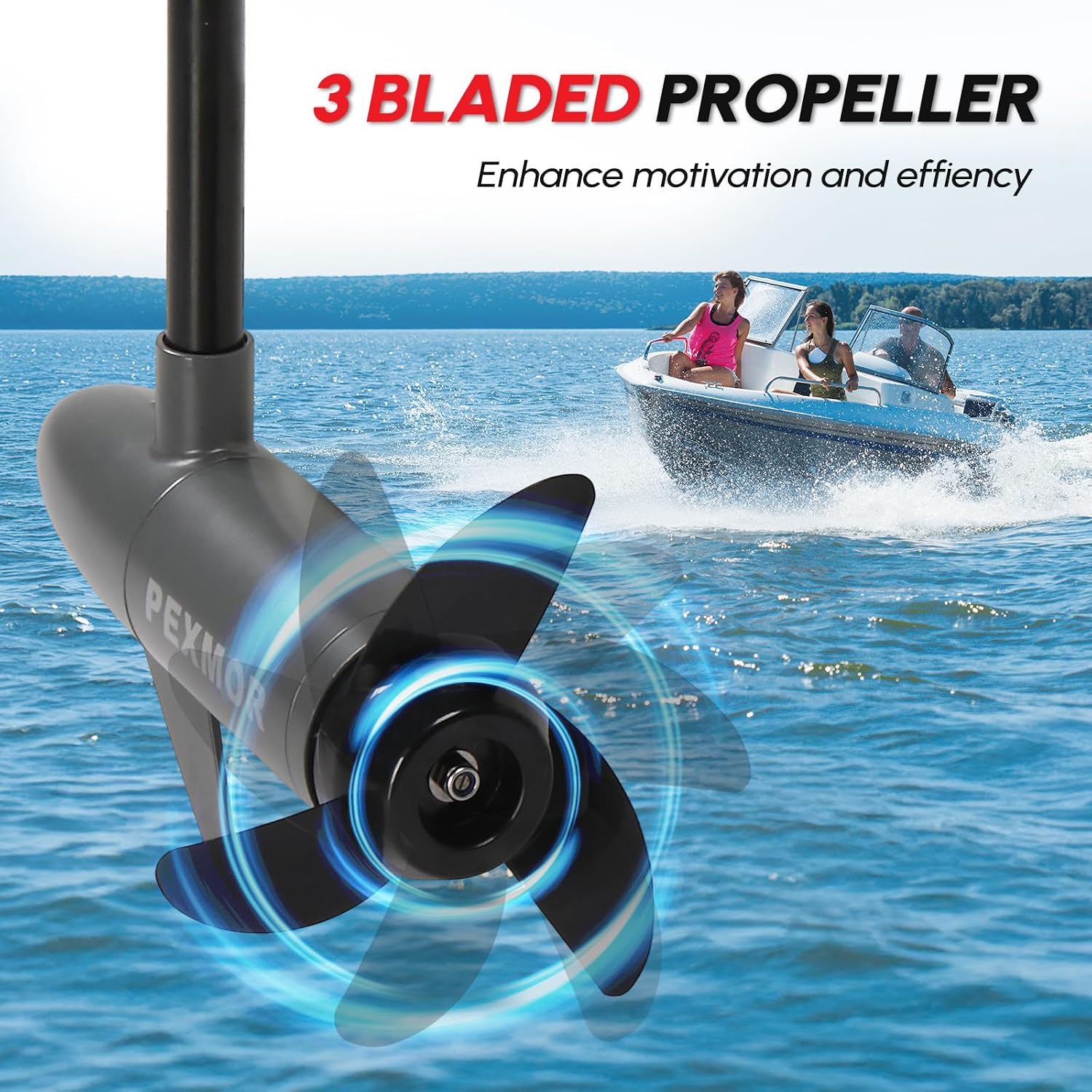 PEXMOR 8 Speed Electric Trolling Motor, Electric Outboard Boat Motor w/Adjustable Handle & LED Indicator, Transom Mounted for Saltwater, Kayak