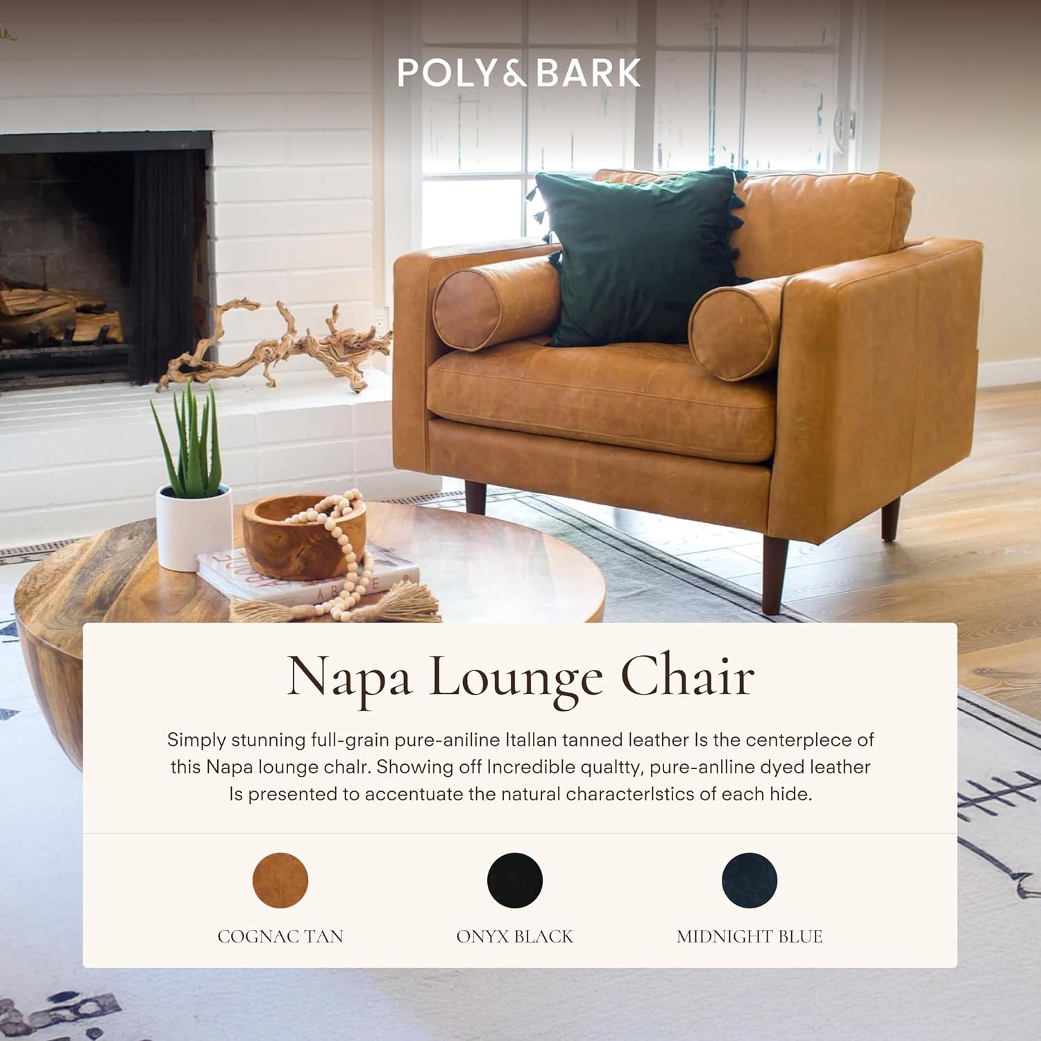 Poly & BARK 55" Tufted Leather Bed Bench for Bedroom End of Bed - Living Room Entry Way Bench - Pure Italian Leather Upholstery with a Solid Wood Frame - Ottoman Bench with Wooden Legs - Cognac Tan