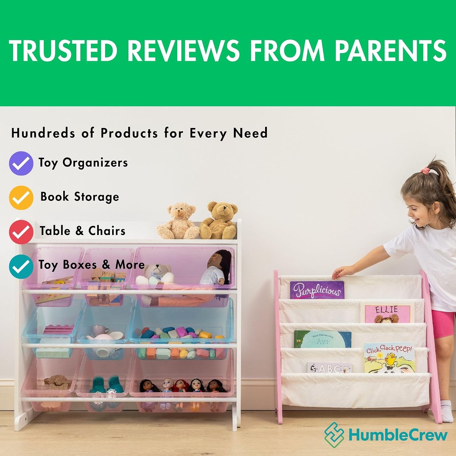 Humble Crew Kids Bookshelf, Montessori Front Facing Toddler Bookcase 4 Tier | Book display rack and reading nook organizer, nylon pockets show covers face out, compact for any playroom or bedroom space