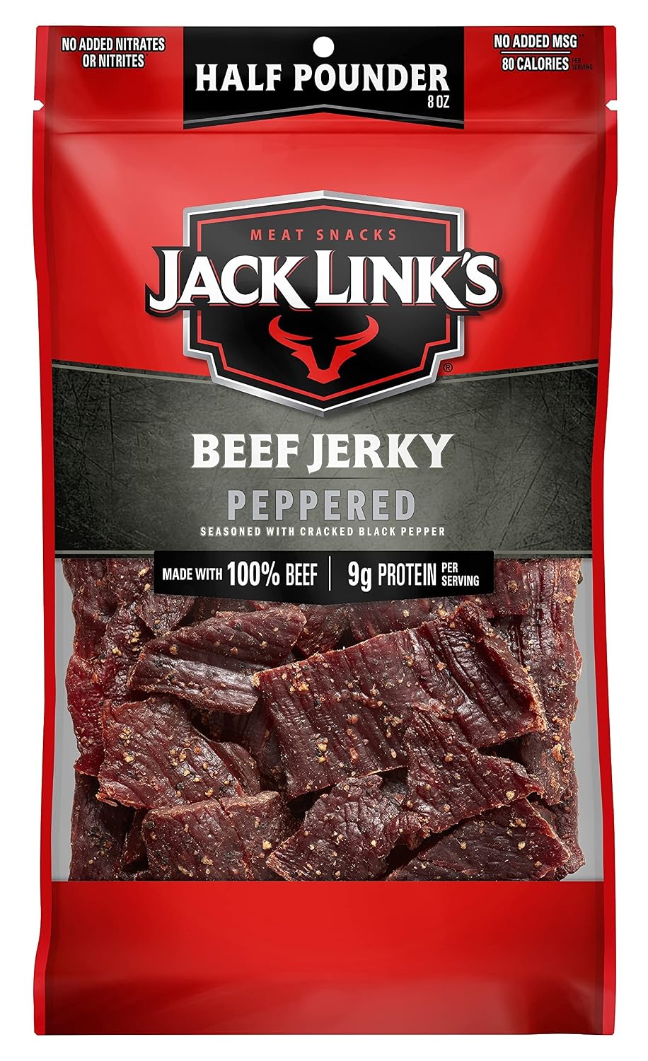 Jack Link's Peppered Beef Jerky Half Pounder - 8 oz Large Jerky Bag - Ready to Eat Real Meat Protein Snacks - 9g Protein per Serving - Made with 100% Real Beef | Large Jerky Bag - Ready to Eat Real Meat Protein Snacks - 9g Protein per Serving - Made with…