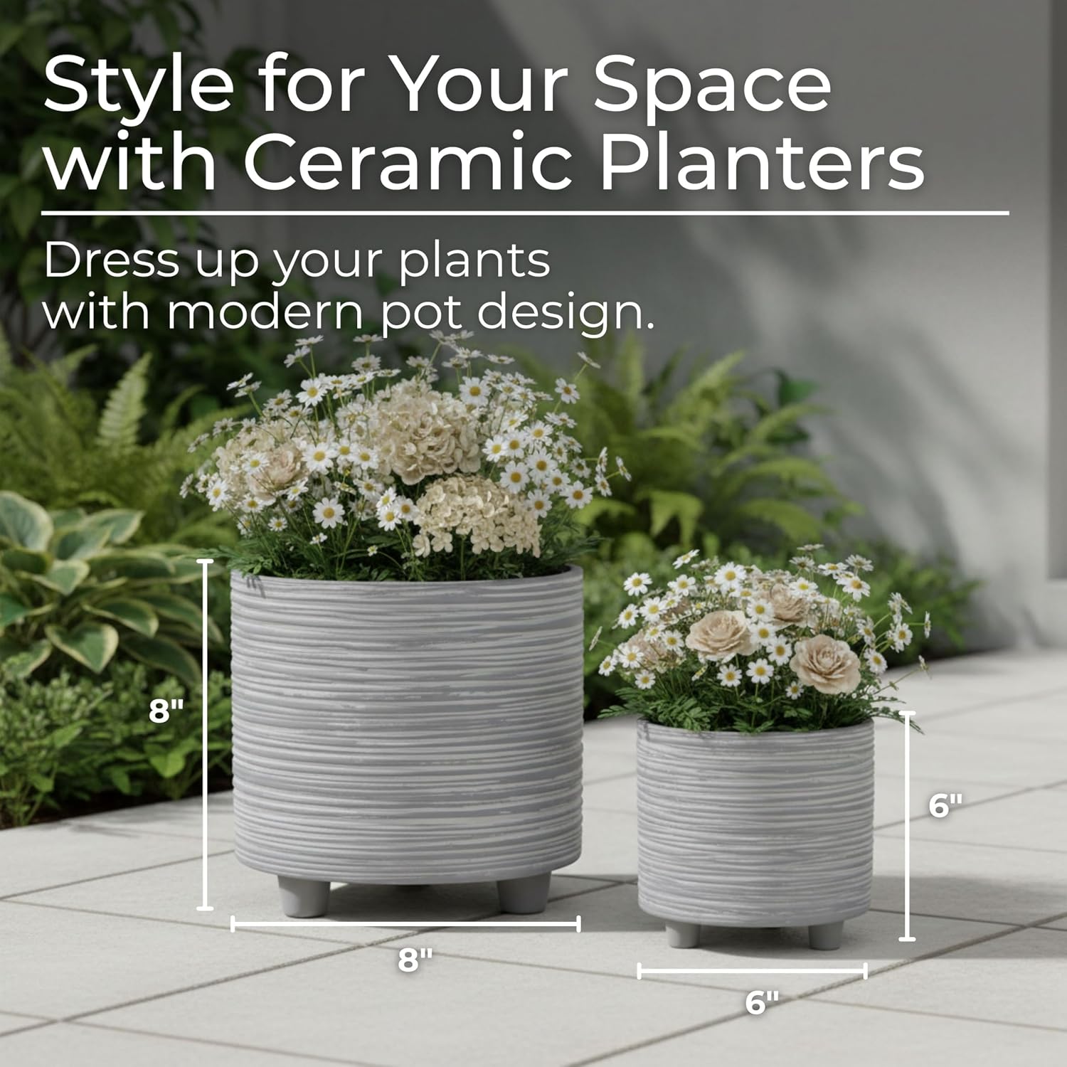Set of 2 Footed Planters with Ridged Lines Accent – Ceramic Stoneware Outdoor & Indoor Plant Pot – Modern Garden & Home Decor Ceramic Planters