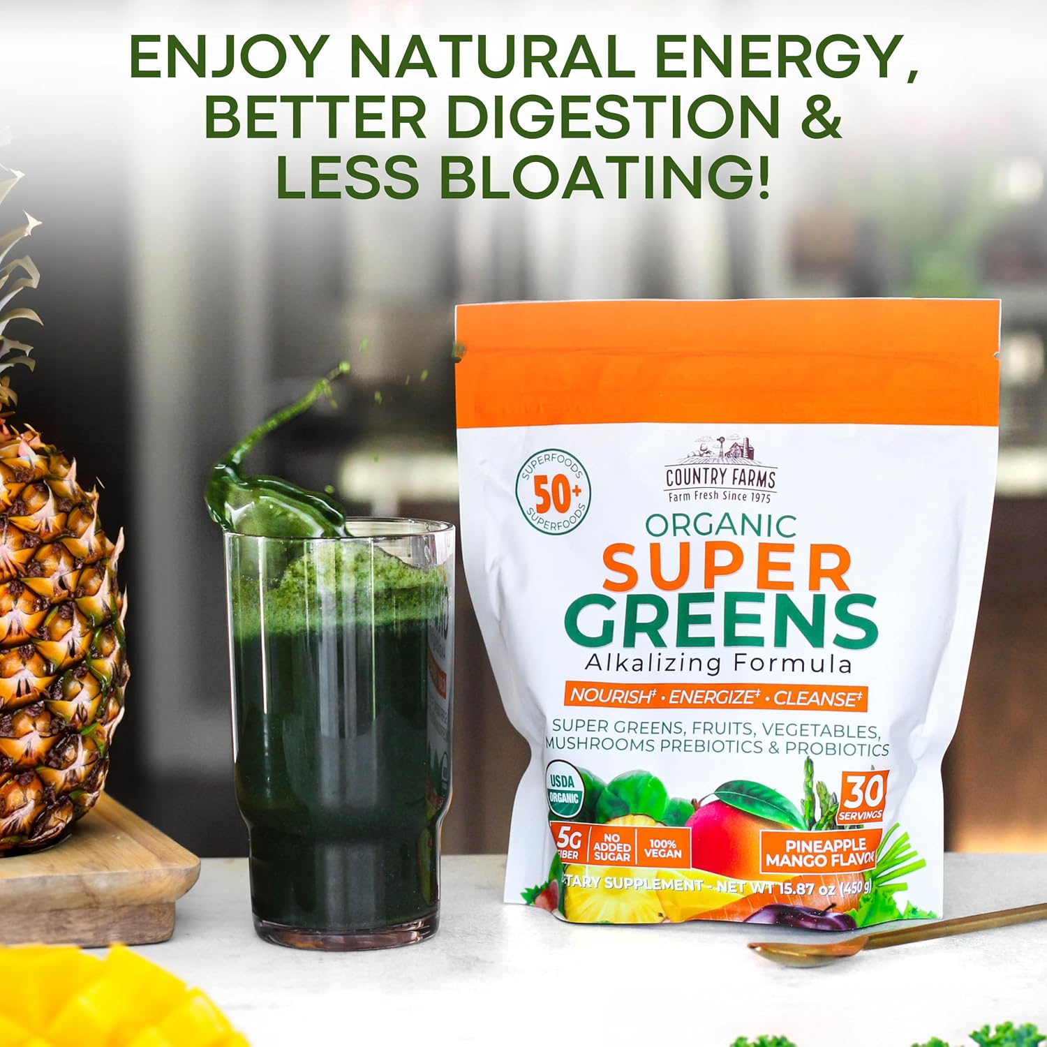 Country Farms Organic Super Greens Powder, Daily Greens Drink Mix with 50 Organic Superfoods, Fruits, Vegetables, Fiber, Mushrooms & Probiotics for Gut Health, Digestion & Energy, Berry Flavor