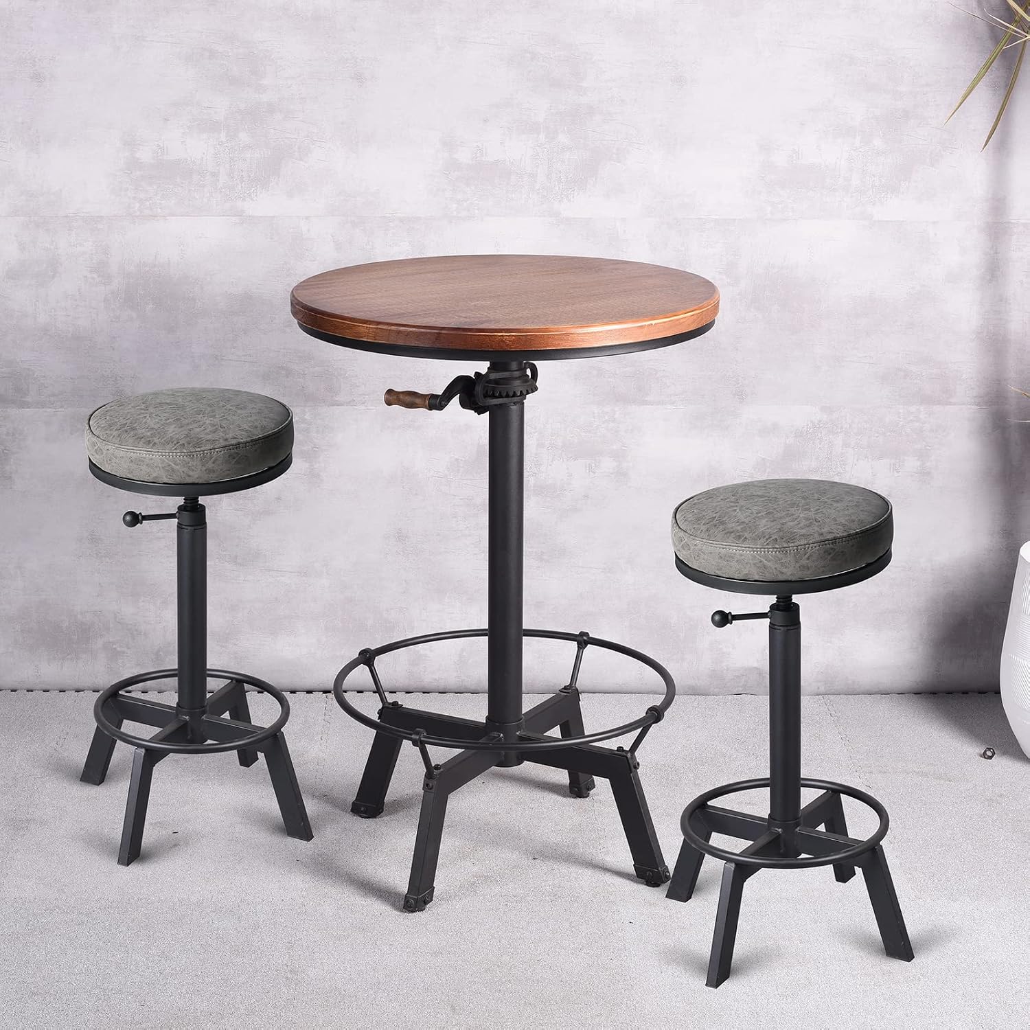 Set of 2 Industrial Bar Stools Short Stool Swivel Wooden Seat Kitchen Island Chairs Counter Height Adjustable 15.2-21inch