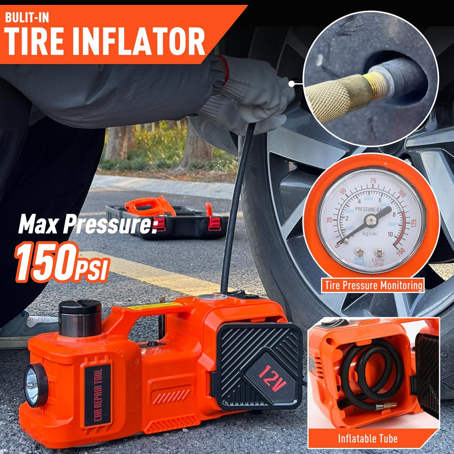 Trihelper Electric Car Jack 5 Ton 12V Floor Jack Hydraulic Jack Stand Car Lift Jack with Integrated Tire Pump for SUV Truck Sedan Vehicle Roadside