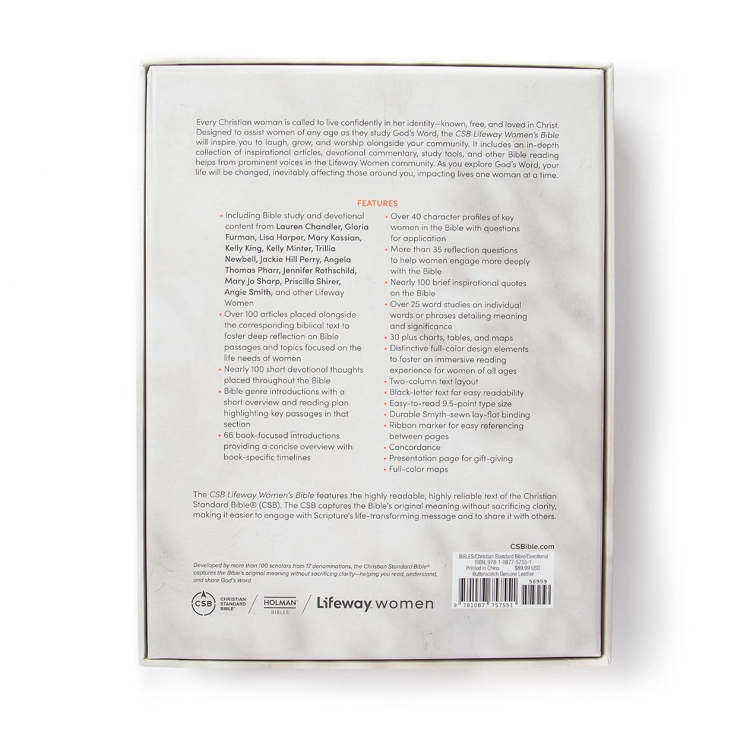 CSB Lifeway Women's Bible, Butterscotch Genuine Leather, Black Letter, Single-Column, Wide-Margins, Devotions, Articles, Word Studies