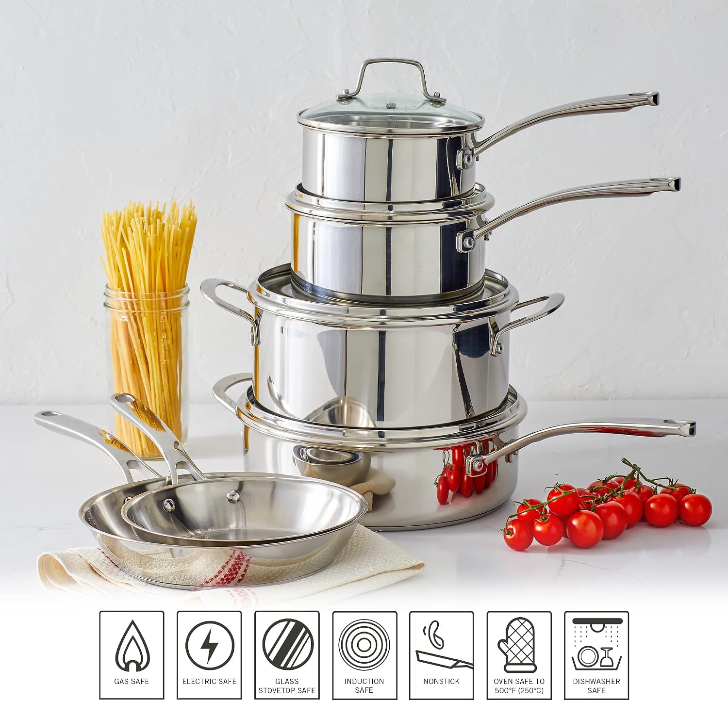 Martha Stewart Castelle 10 Piece 18/8 Durable Stainless Steel Induction Safe Pots and Pans Non-Toxic Kitchen Cookware Set - Gold Handles - Dishwasher Safe