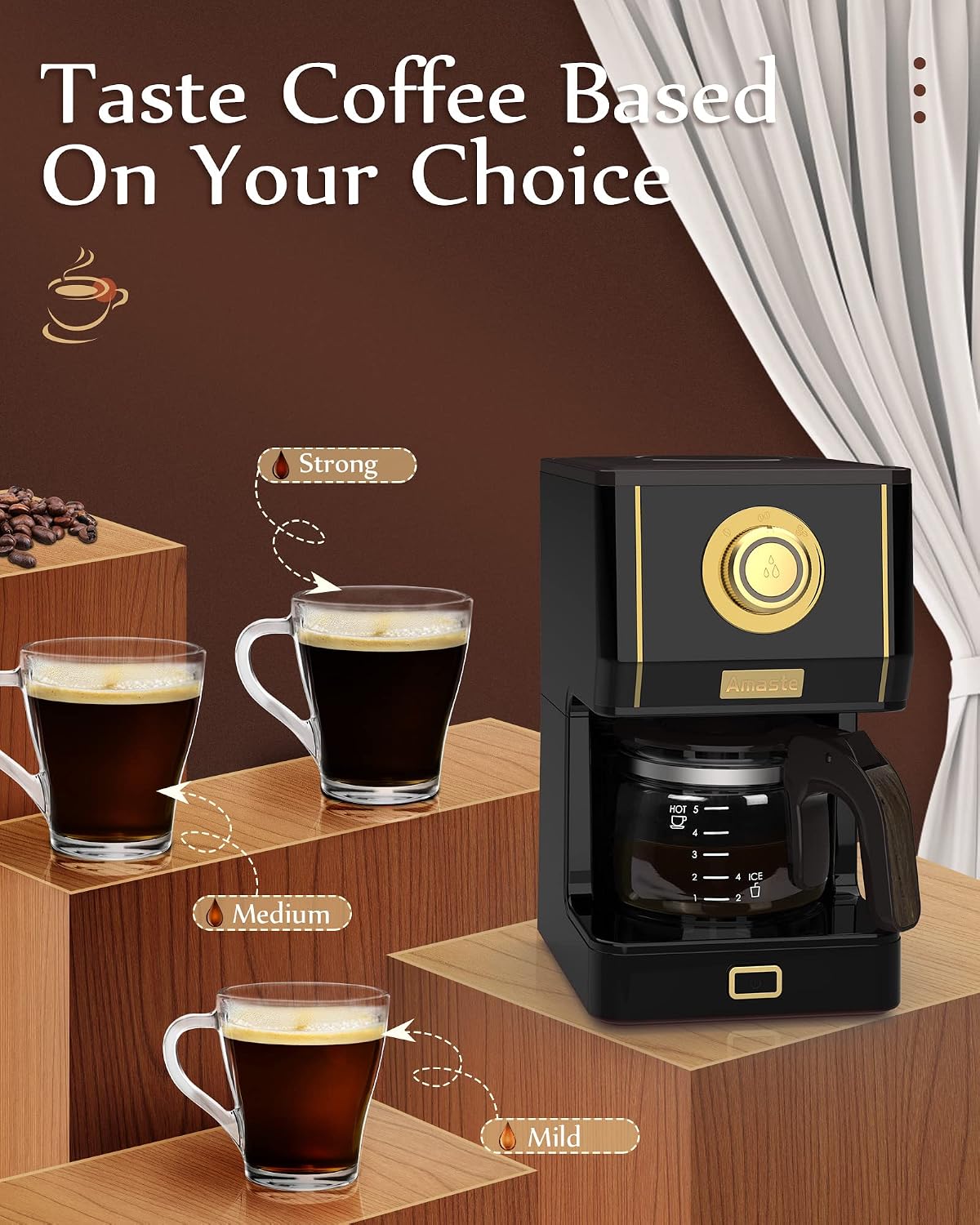 Amaste Drip Coffee Maker, Coffee Machine with 25 Oz Glass Coffee Pot, Retro Style Coffee Maker with Reusable Filter & Three Brewing Modes