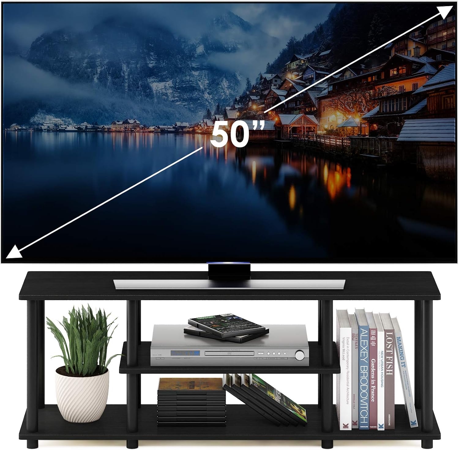 Furinno Turn-N-Tube No Tools 3D 3-Tier Entertainment TV Stand up to 50 inch TV, Round Tubes, French Oak Grey/Black | for TV up to 50 Inch, Open Frame Rectangular Entertainment Center with Storage Shelf, TV Console, for Living Room, Bedroom
