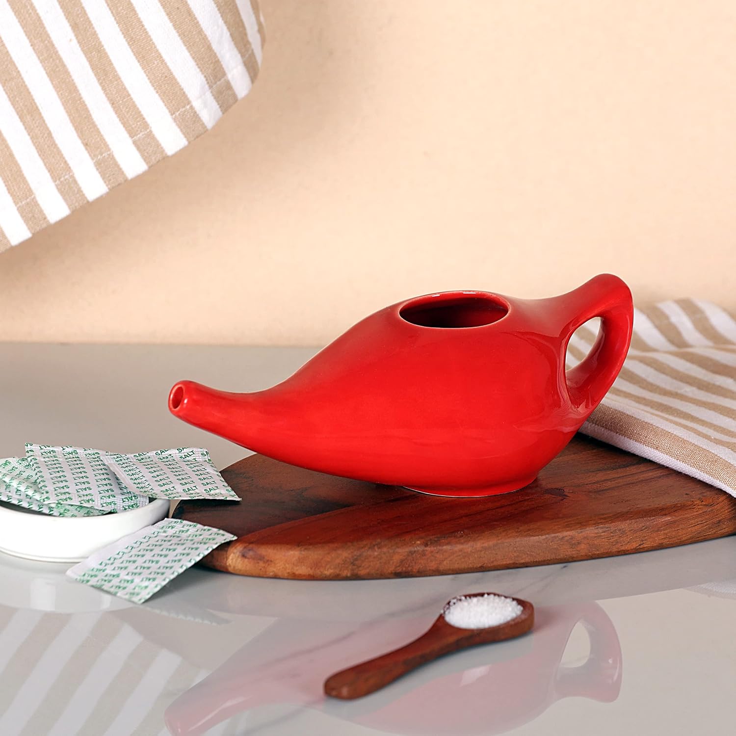 HealthGoodsIn Ceramic Neti Pot, Dishwasher Safe, Premium Handcrafted with 2 Silicone Nozzle and Salt for Sinus - 225 Ml. Capacity (Brown)