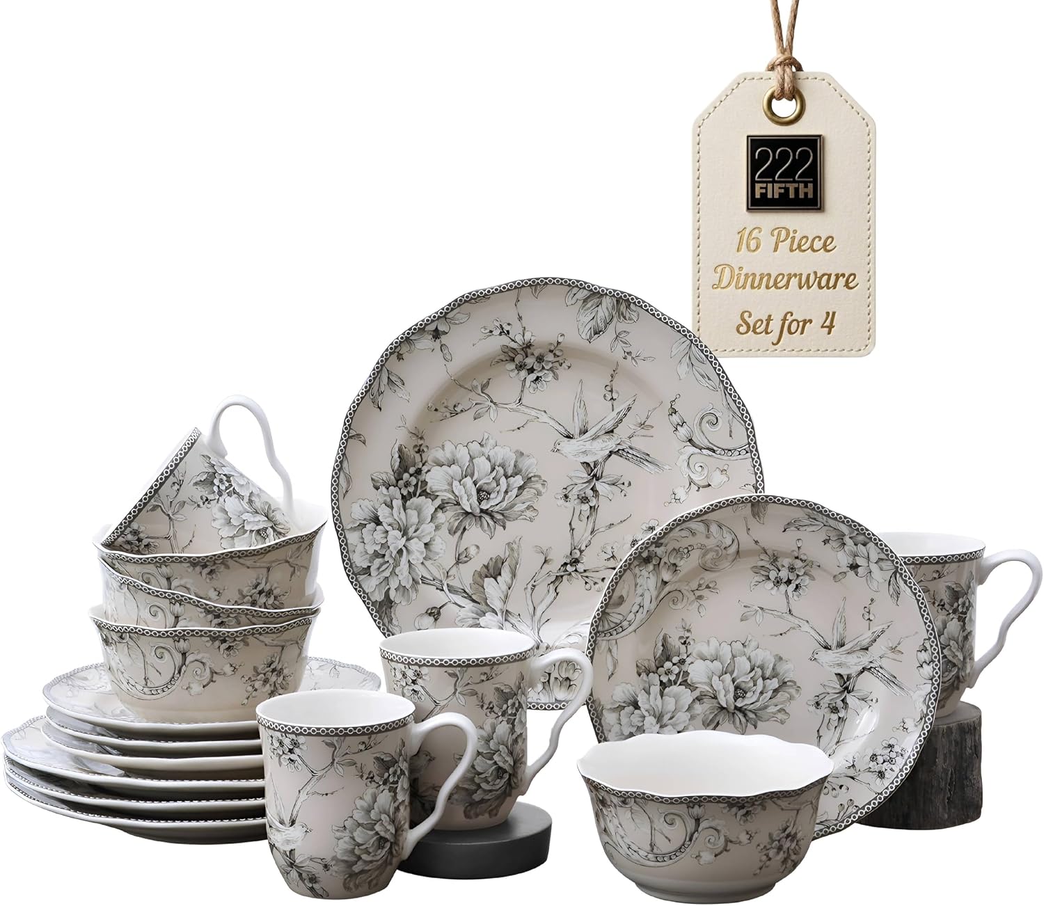 222 Fifth Adelaide 16-Piece Black Porcelain Dinnerware Set – Service for 4, Featuring Hand-Applied Romantic Woodland Bird Design