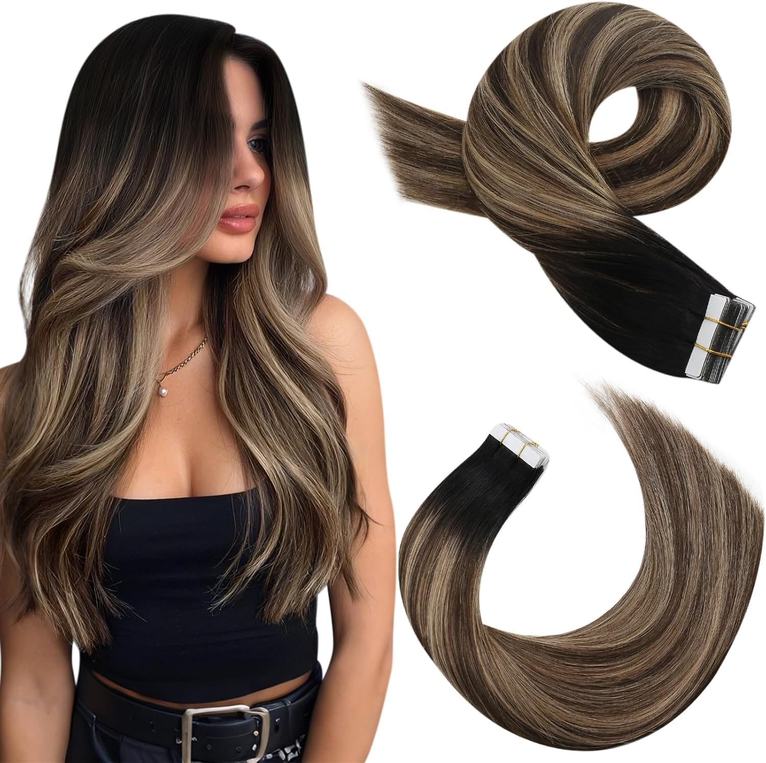 Moresoo Black Tape in Hair Extensions Human Hair, 18 Inch, 20Pcs, 50g