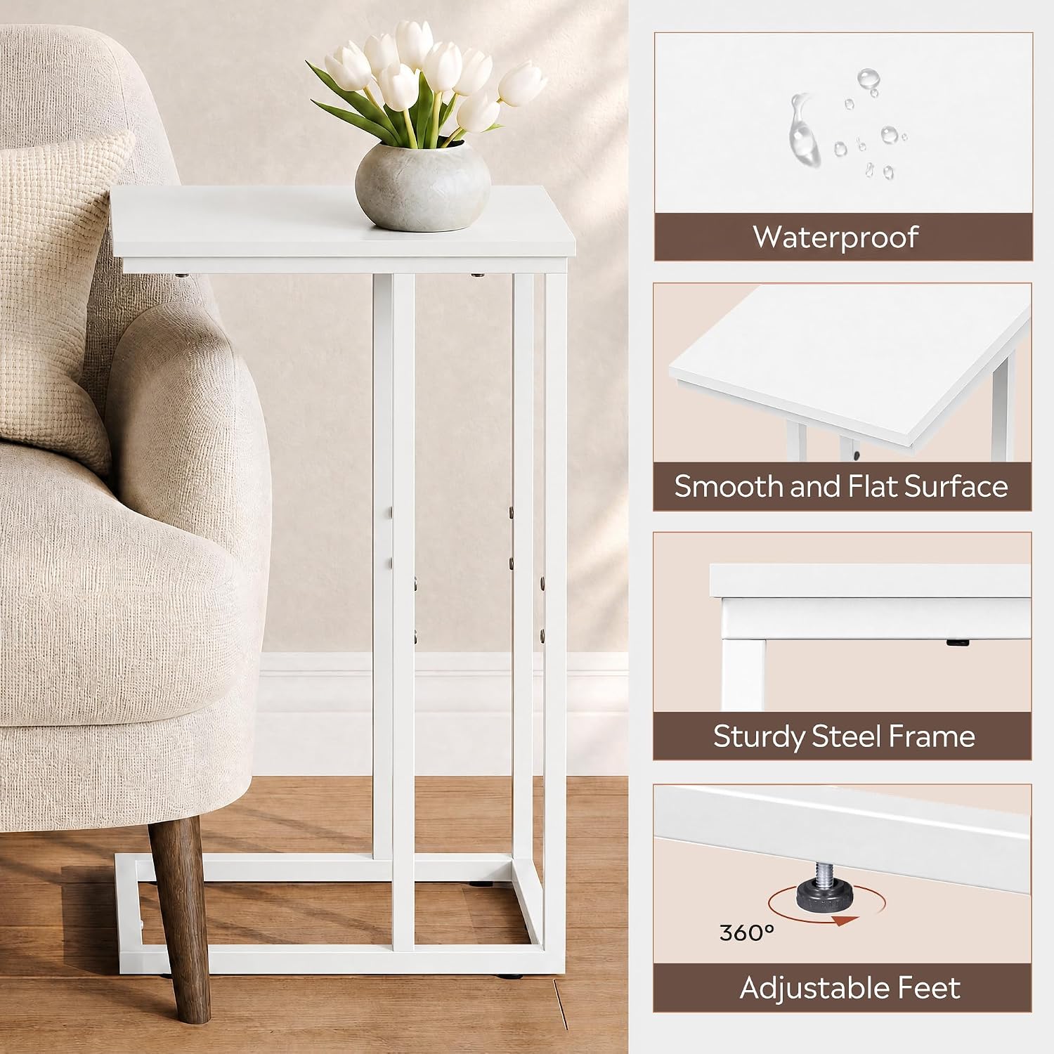 WLIVE C Shaped End Table, Small Side Tables for Sofa and Bed, Couch Table that Slides Under for Living Room, Bedroom, Home Office, Small Spaces