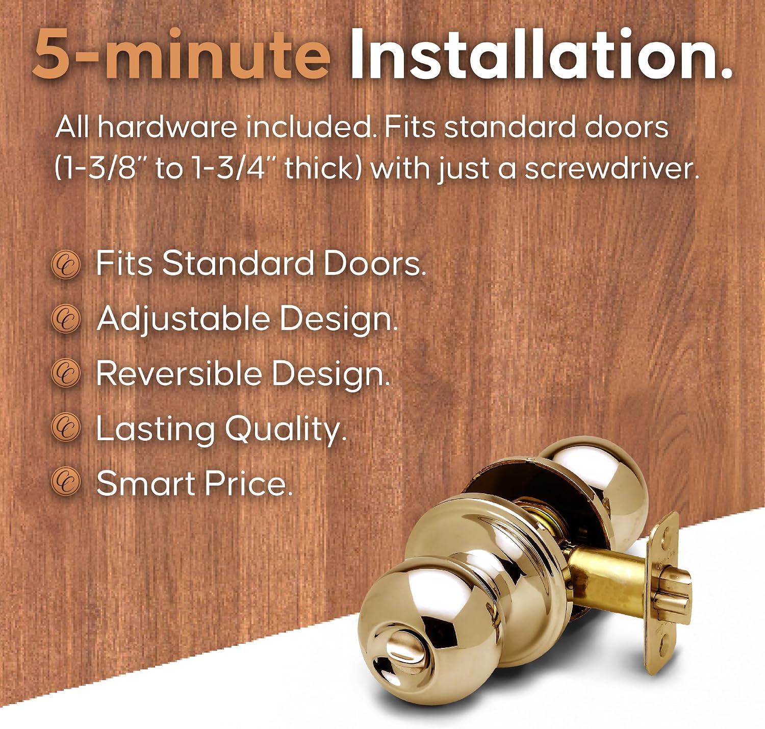 Copper Creek Privacy Interior Door Knob – ANSI Grade-3 Certified, Modern Heavy Duty Handle, Easy Install and Reversible for Bedroom, Bathroom & Closets – Satin Stainless (1 Pack)