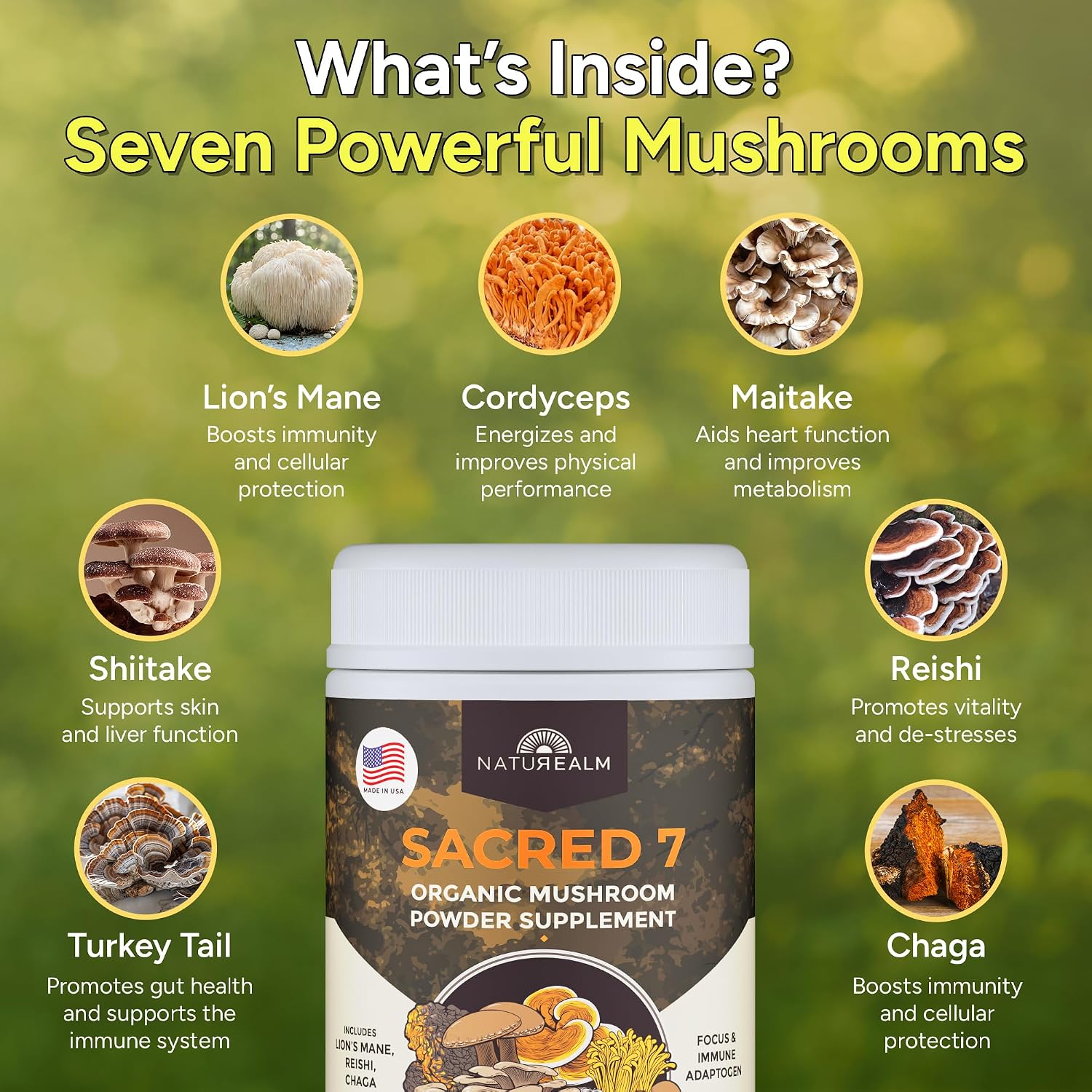 Sacred 7 Brain Mushroom Powder, Organic 7-in-1 Blend 226 Servings | Seven fruiting body extracts, lions mane cordyceps reishi, stirs into coffee or smoothies, 1000 mg scoop