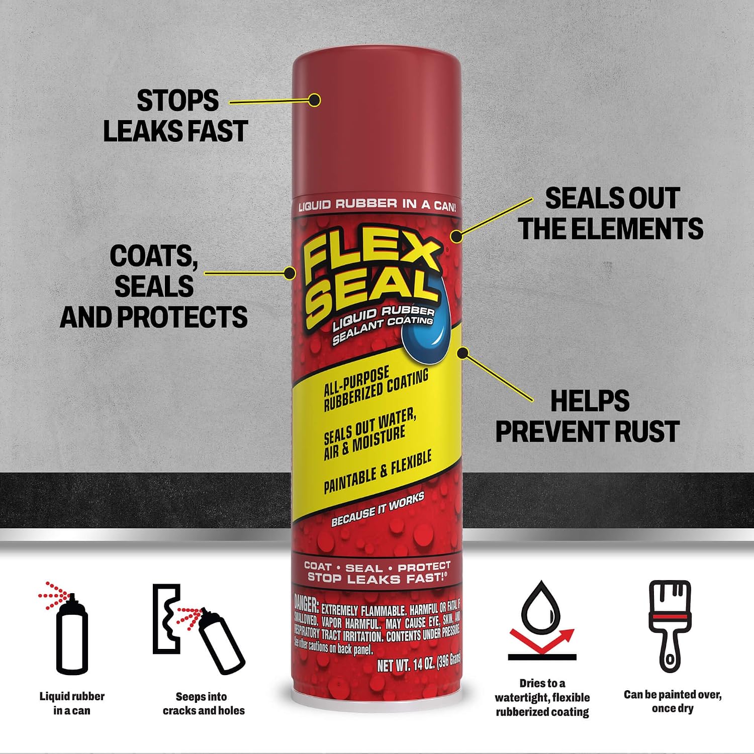Flex Seal, 14 oz, 2-Pack, Black, Stop Leaks Instantly, Waterproof Rubber Spray On Sealant Coating, Perfect for Gutters, Wood, RV, Campers, Roof Repair, Skylights, Windows, and More