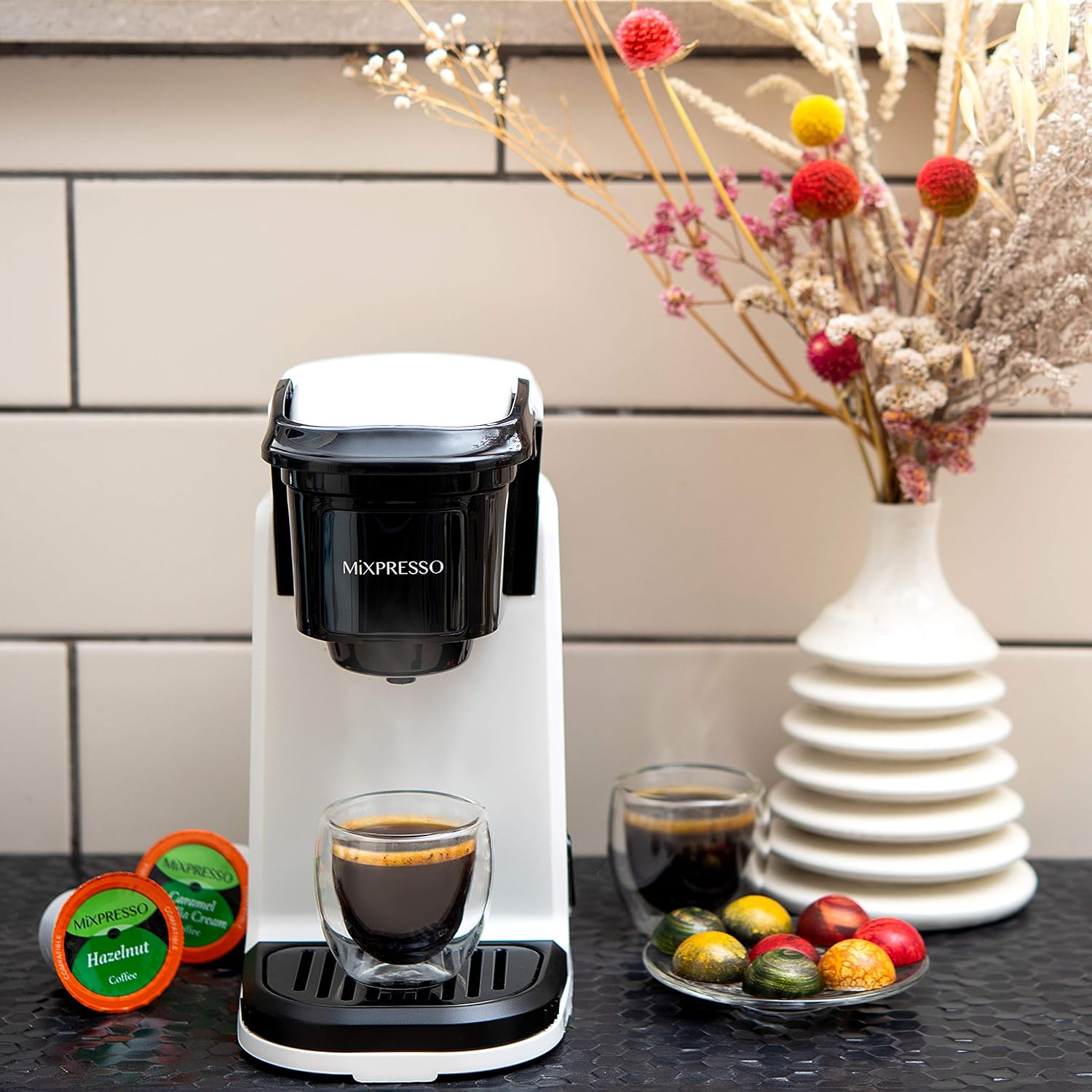Mixpresso Single Serve Coffee Maker K Cup Coffee Maker for K Pods & Grounds | Compact 800W White Coffee Machine with 14 Oz Water Tank, Fast Brew & Auto Shut-Off, Small Design for Travel RV, Office& Dorm