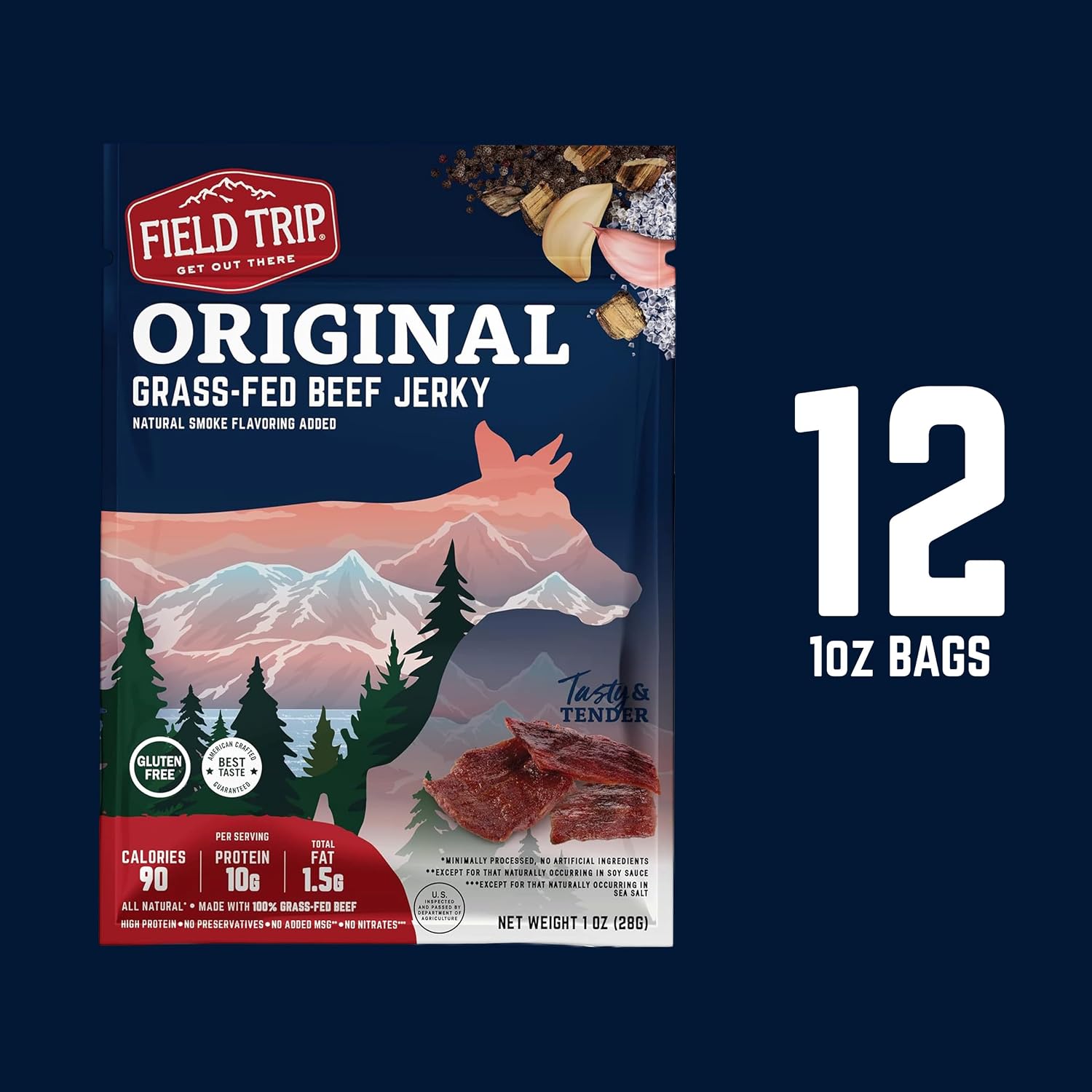 Field Trip Beef Jerky, Original, 1 Oz Bag, 12 Bags/carton | Grass Fed Beef Jerky, Healthy Gluten Free Snacks, All Natural, Paleo-Friendly Beef Jerky, High Protein, Low Carb, No Nitrates