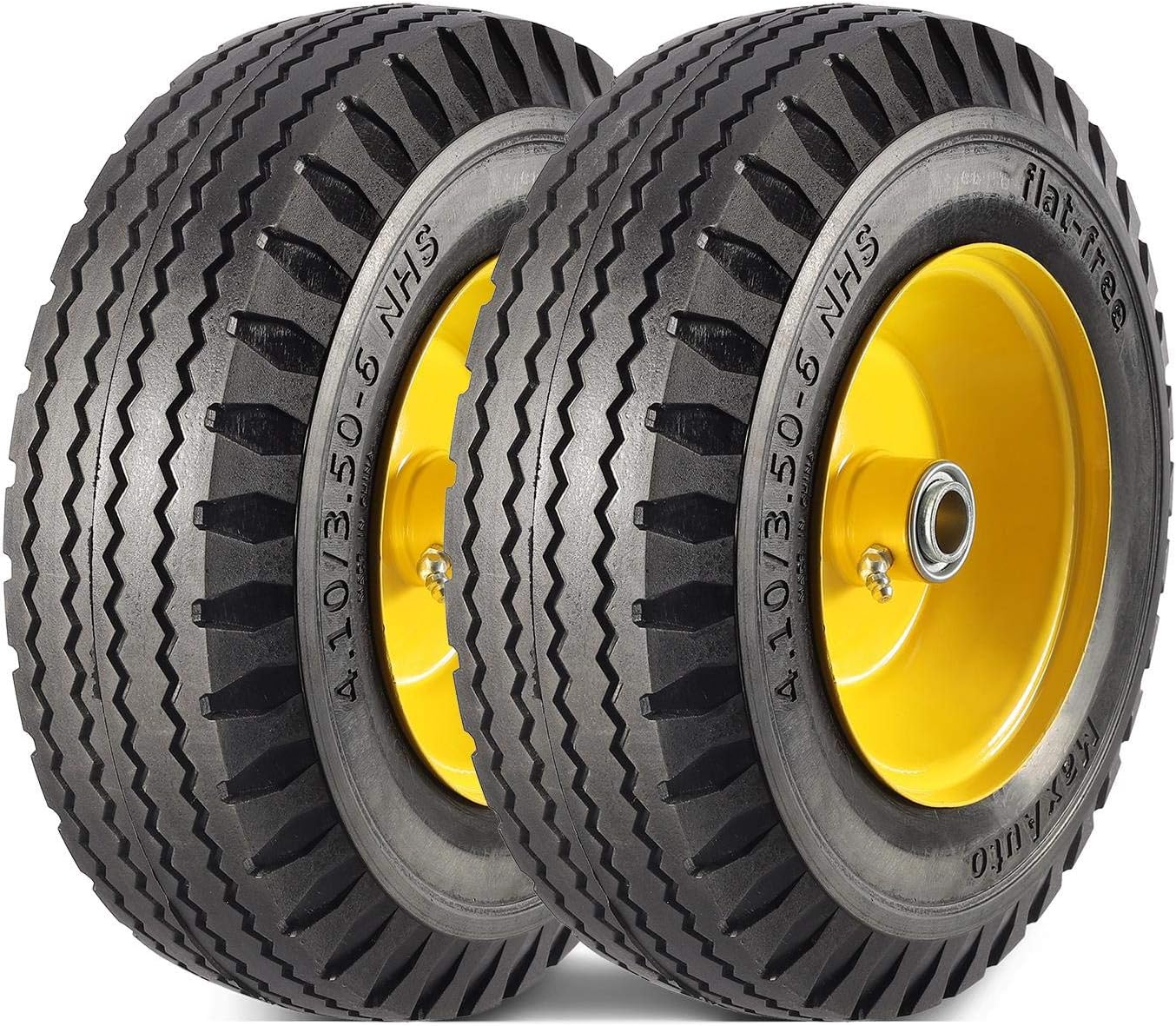 MaxAuto 4.10/3.50-6" Flat Free Tire & Wheel, 3" Centered Hub, 3/4" Bearings