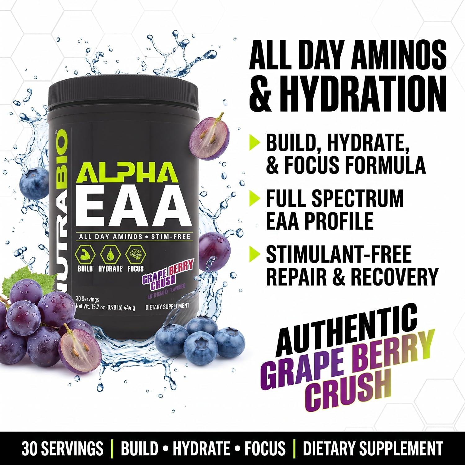 NutraBio Alpha EAA - All-Day Amino Acids for Muscle Growth and Hydration - Essential Amino Acids with Nootropics & Adaptogens- Full Spectrum EAA BCAA Powder - 30 Servings - Strawberry Lemon