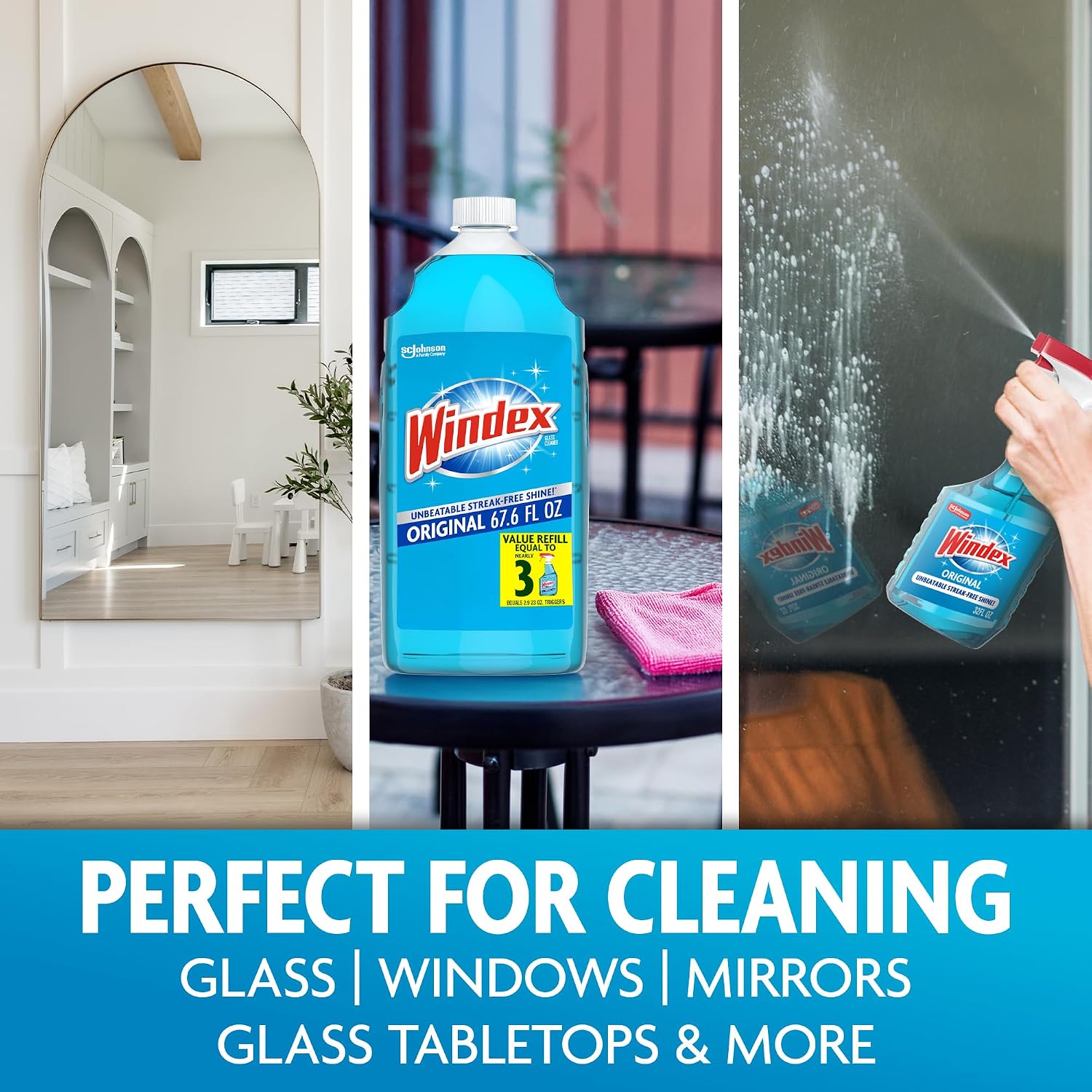 Windex refill glass and window cleaner, made from 100% recycled plastic, surface cleaning spray, original blue scent, 2L (67.6 fl oz)