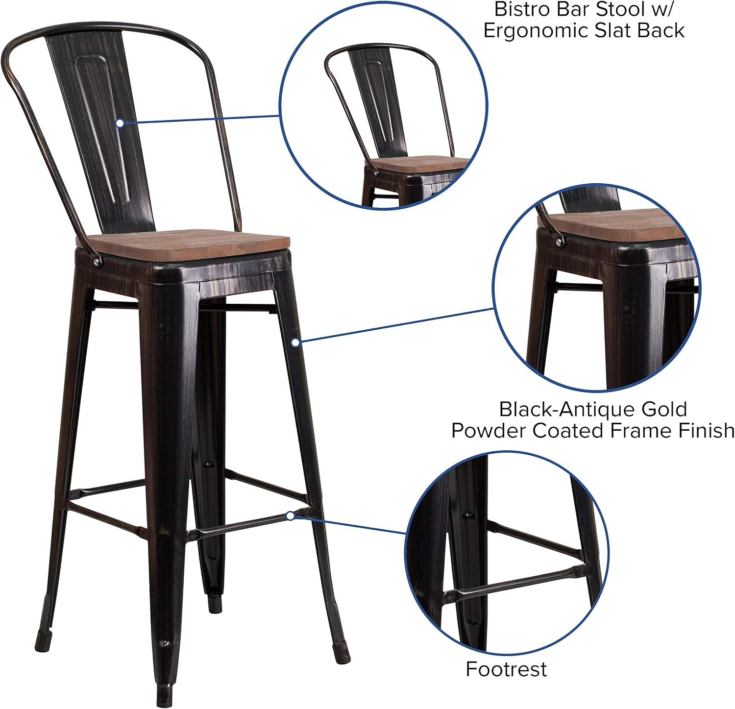Flash Furniture 30 in Metal Barstool with Back, Blue | Commercial Grade, Removable Back, Indoor/Outdoor Use
