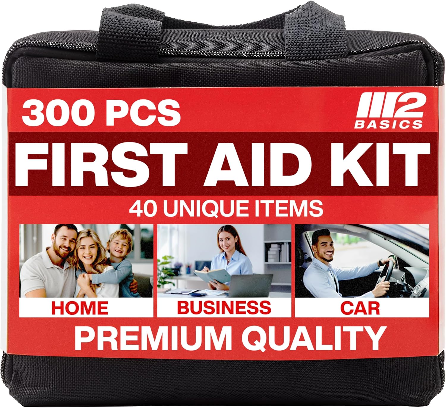 M2 BASICS 300 Piece Premium First Aid Kit w/Durable Bag for Home, Business | Office, Workplace, Car, Garage, Kitchen, Family, Classroom, Jobsite
