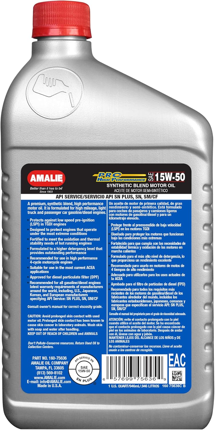 Pro High Performance Synthetic Blend 15W-50 Motor Oil (160-75636-56) 1 Quart Bottle, Pack of 12 | Made in USA