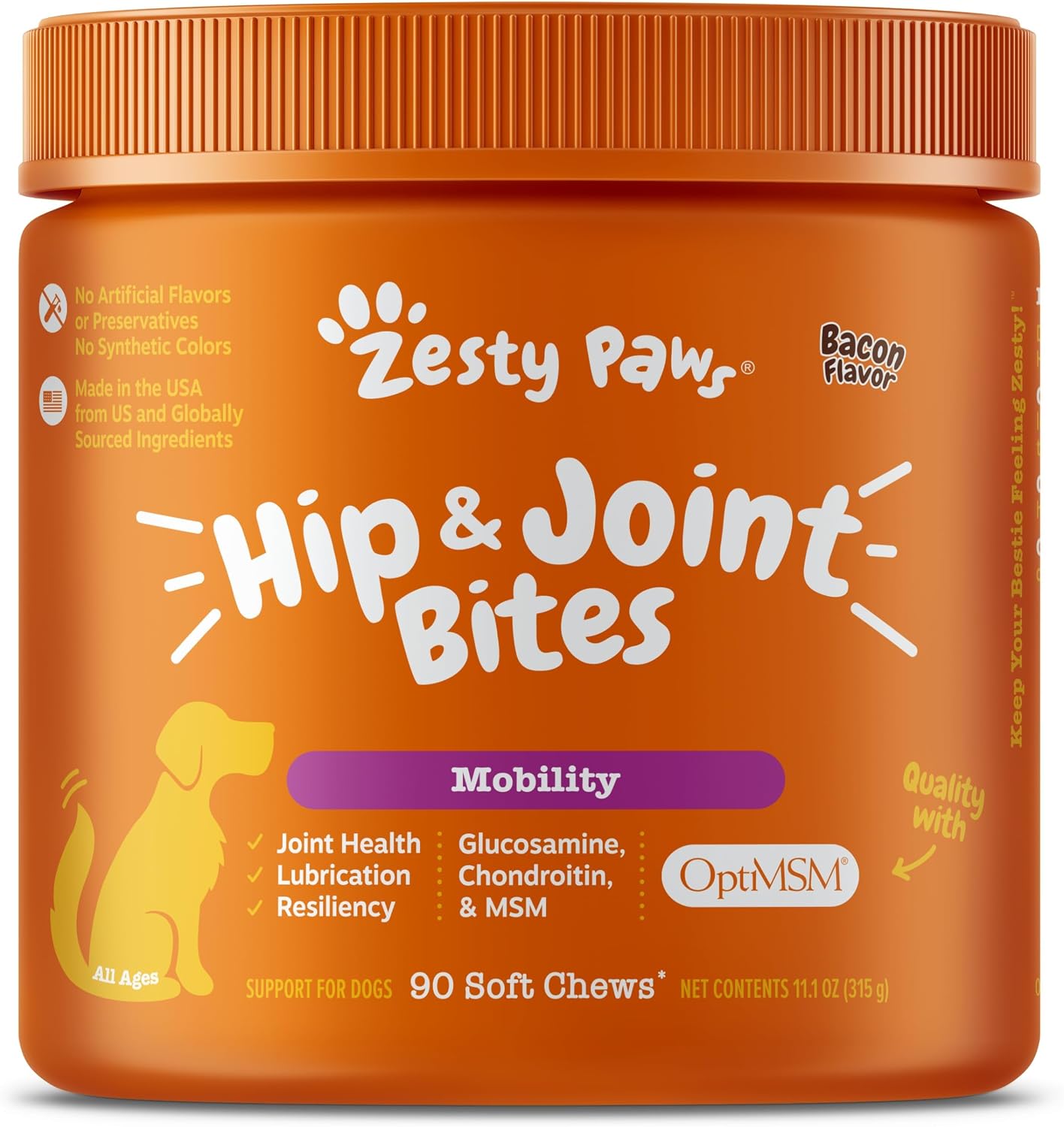 Zesty Paws Hip and Joint Supplement for Dogs - Glucosamine with Chondroitin, MSM, Vitamins C and E Dog Joint Relief - Mobility Bites Duck – 90 Count
