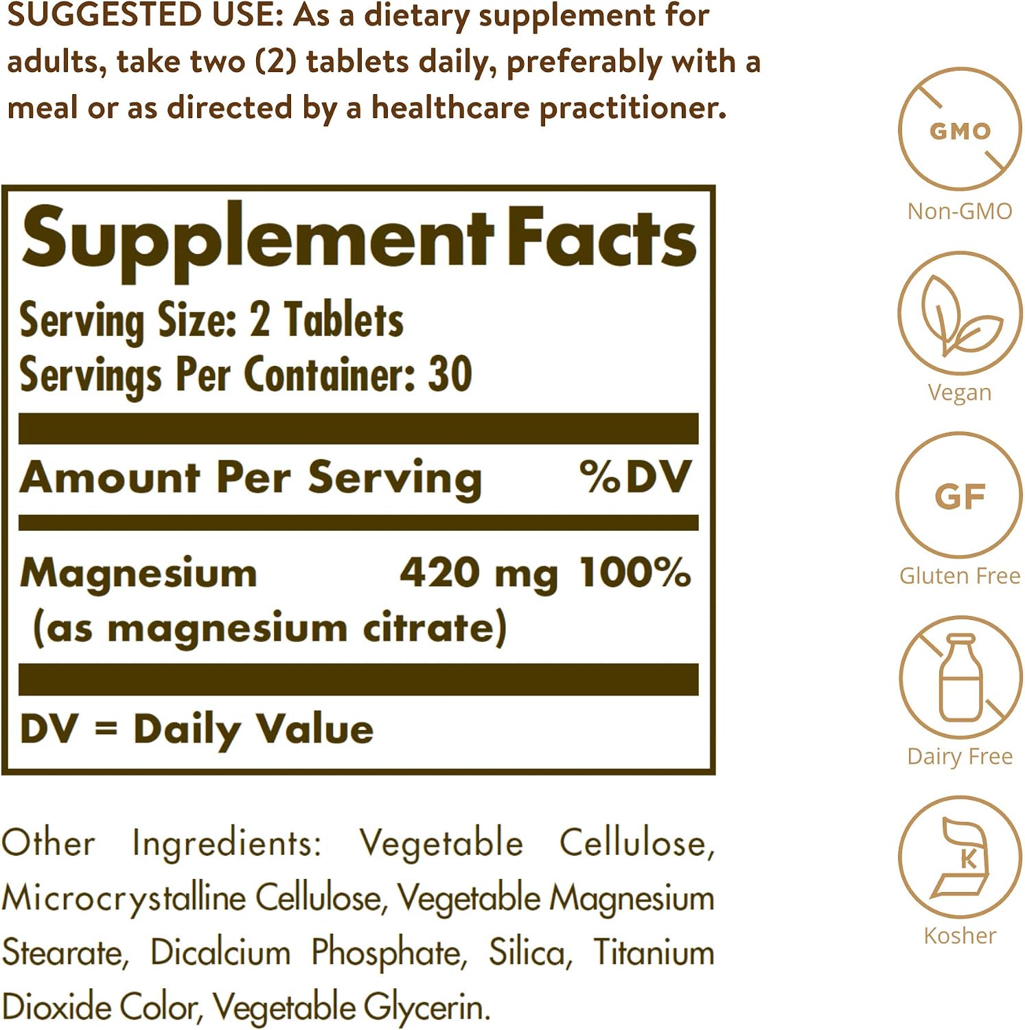 Solgar Magnesium Citrate, 120 Tablets - Promotes Calm, Non-GMO, Gluten Free | Supports Muscle Function and Relaxation, Gluten Free - 120 Tablet Serving