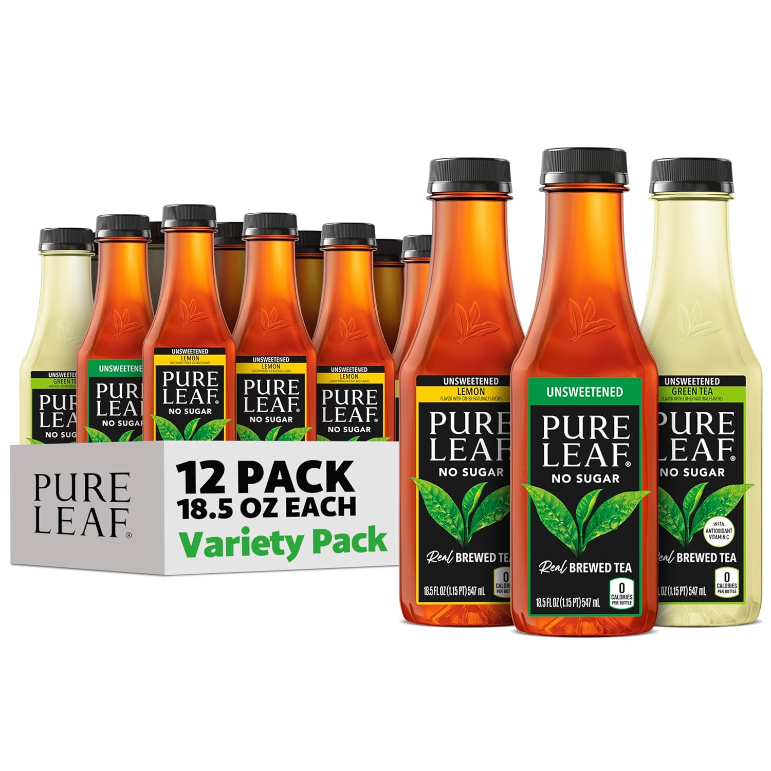 Pure Leaf Iced Tea, Unsweetened Green Tea, 18.5 fl Oz Bottles (Pack of 12)